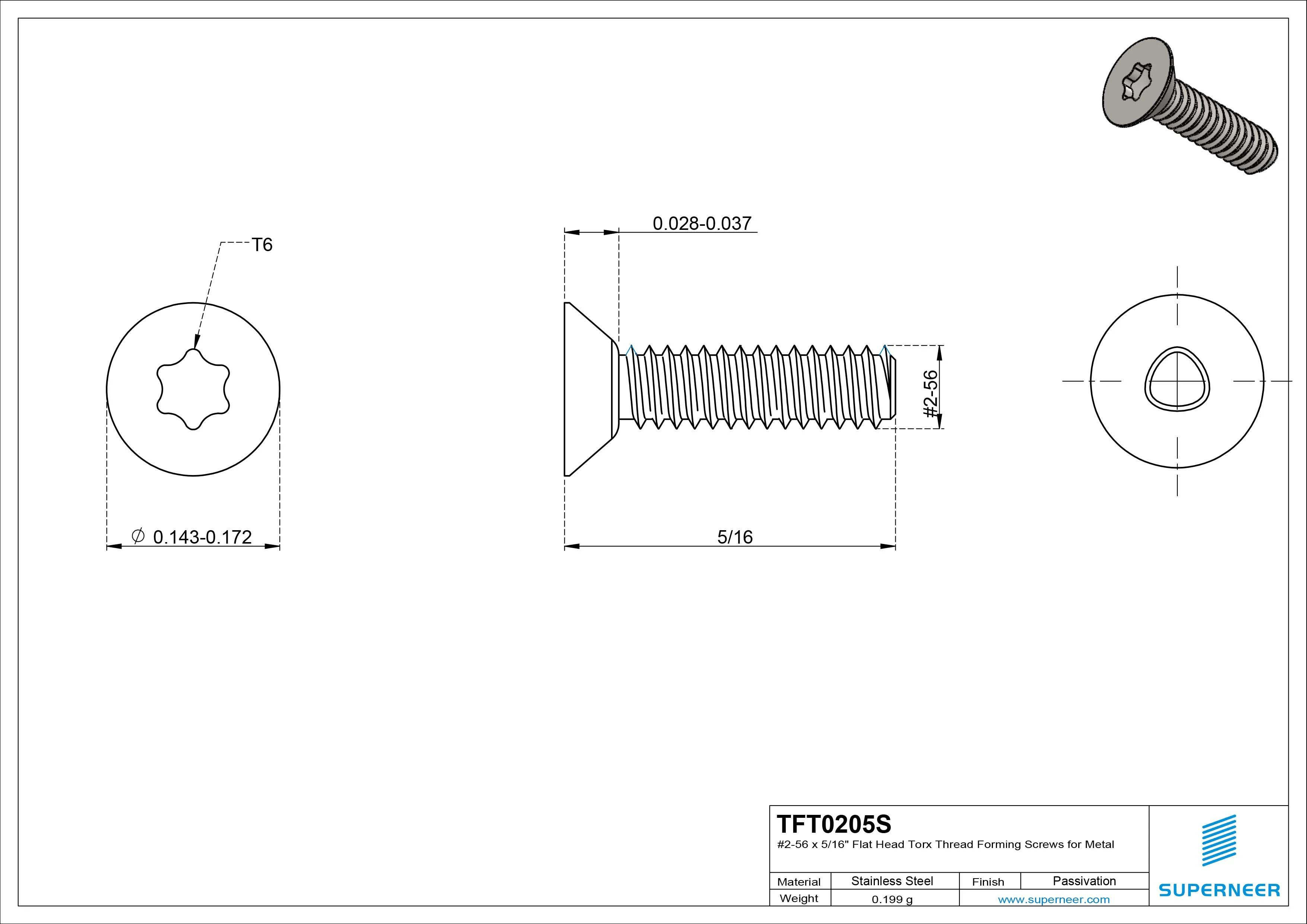 2-56 × 5/16 Flat Head Torx Thread Forming  Screws for Metal  SUS304 Stainless Steel Inox