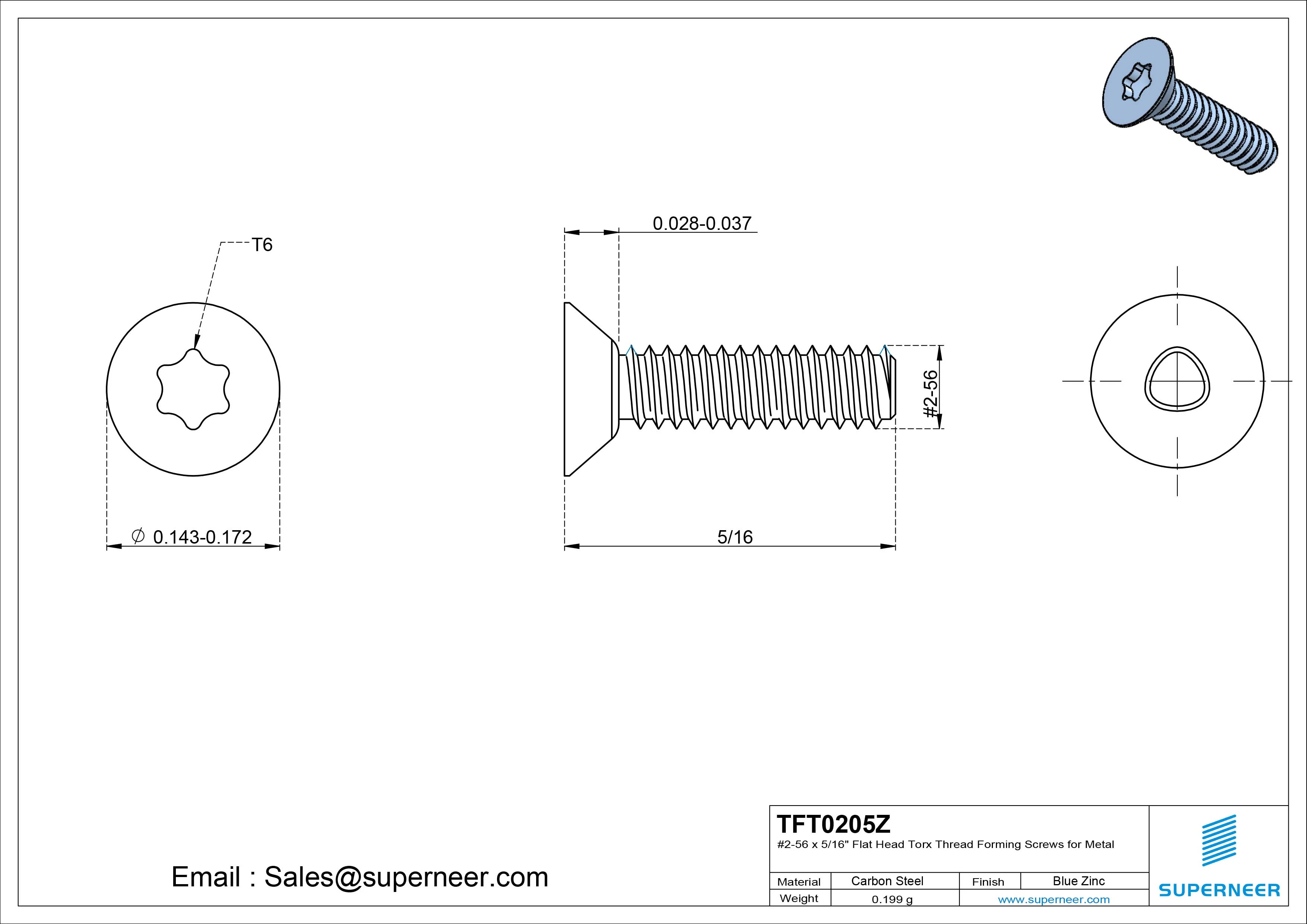 2-56 × 5/16 Flat Head Torx Thread Forming  Screws for Metal  Steel Blue Zinc Plated