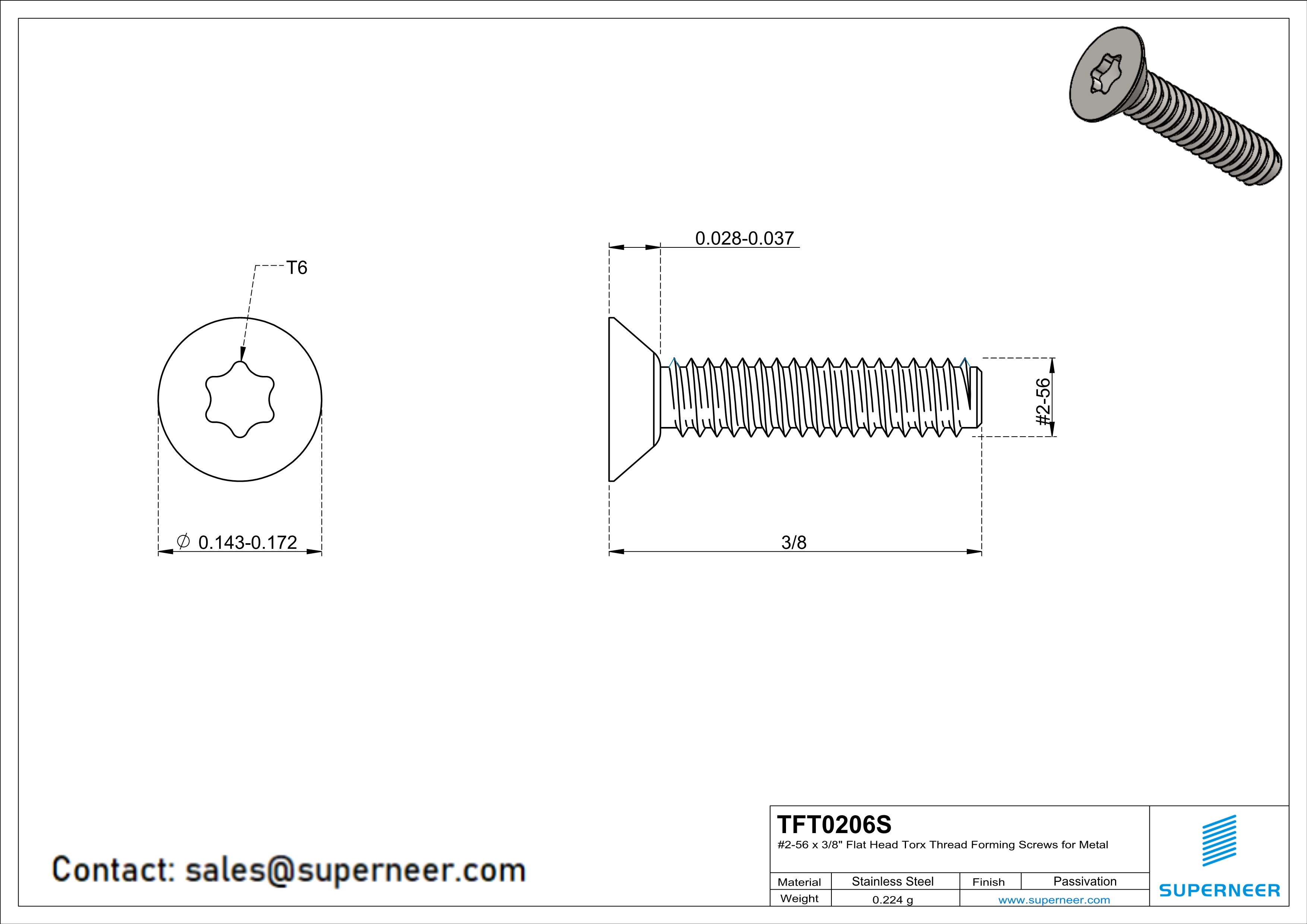 2-56 × 3/8 Flat Head Torx Thread Forming  Screws for Metal  SUS304 Stainless Steel Inox