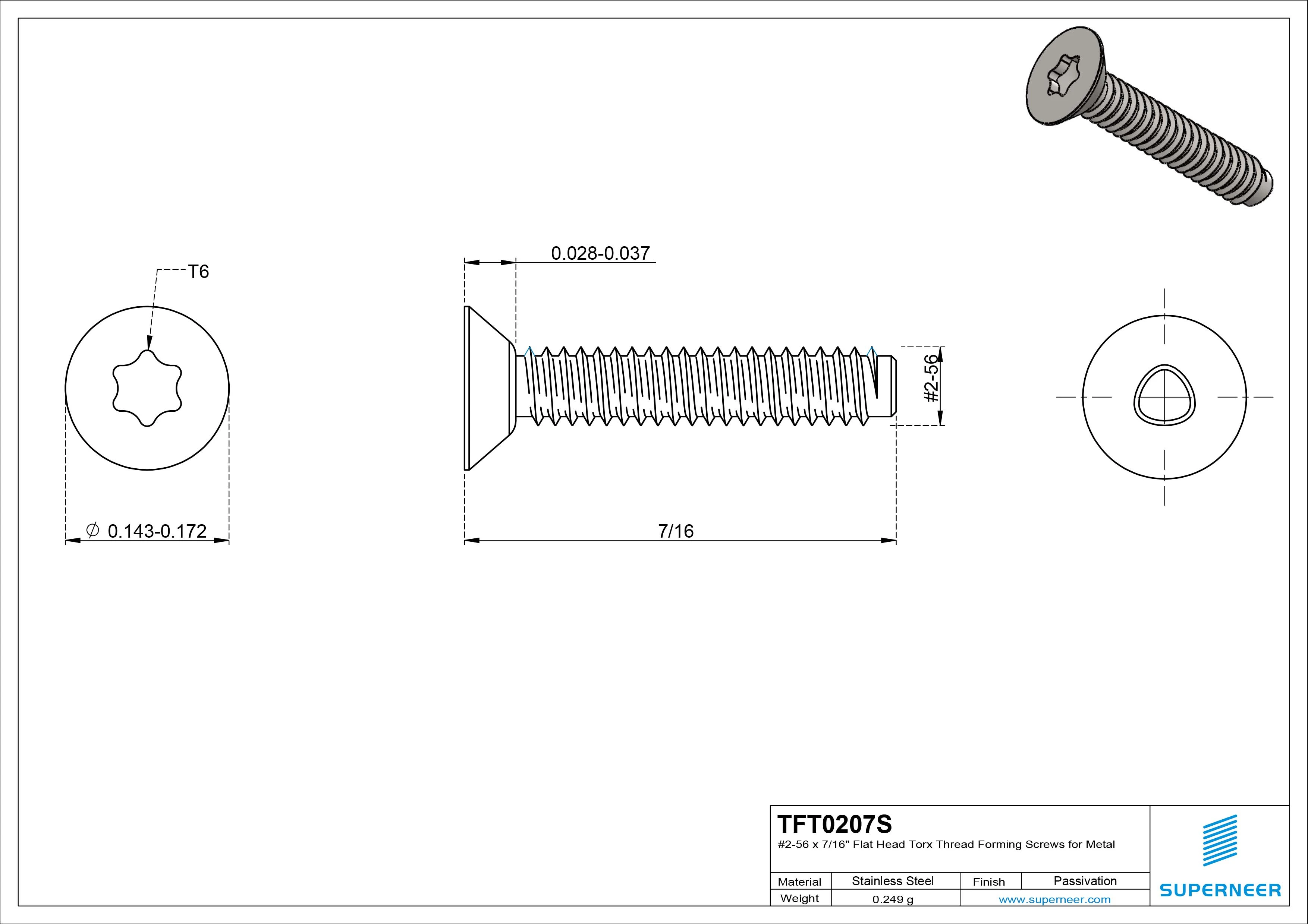 2-56 × 7/16 Flat Head Torx Thread Forming  Screws for Metal  SUS304 Stainless Steel Inox