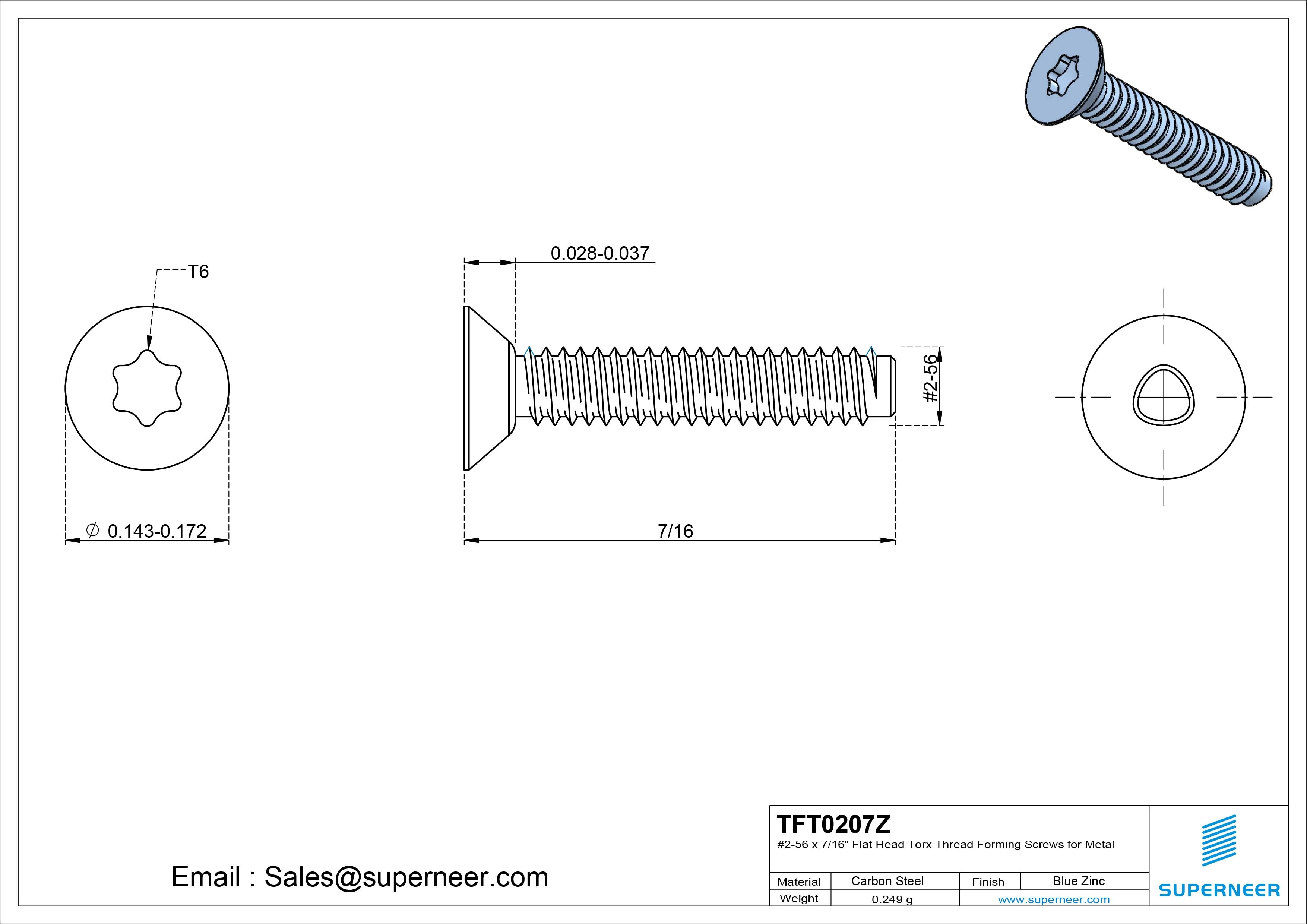 2-56 × 7/16 Flat Head Torx Thread Forming  Screws for Metal  Steel Blue Zinc Plated