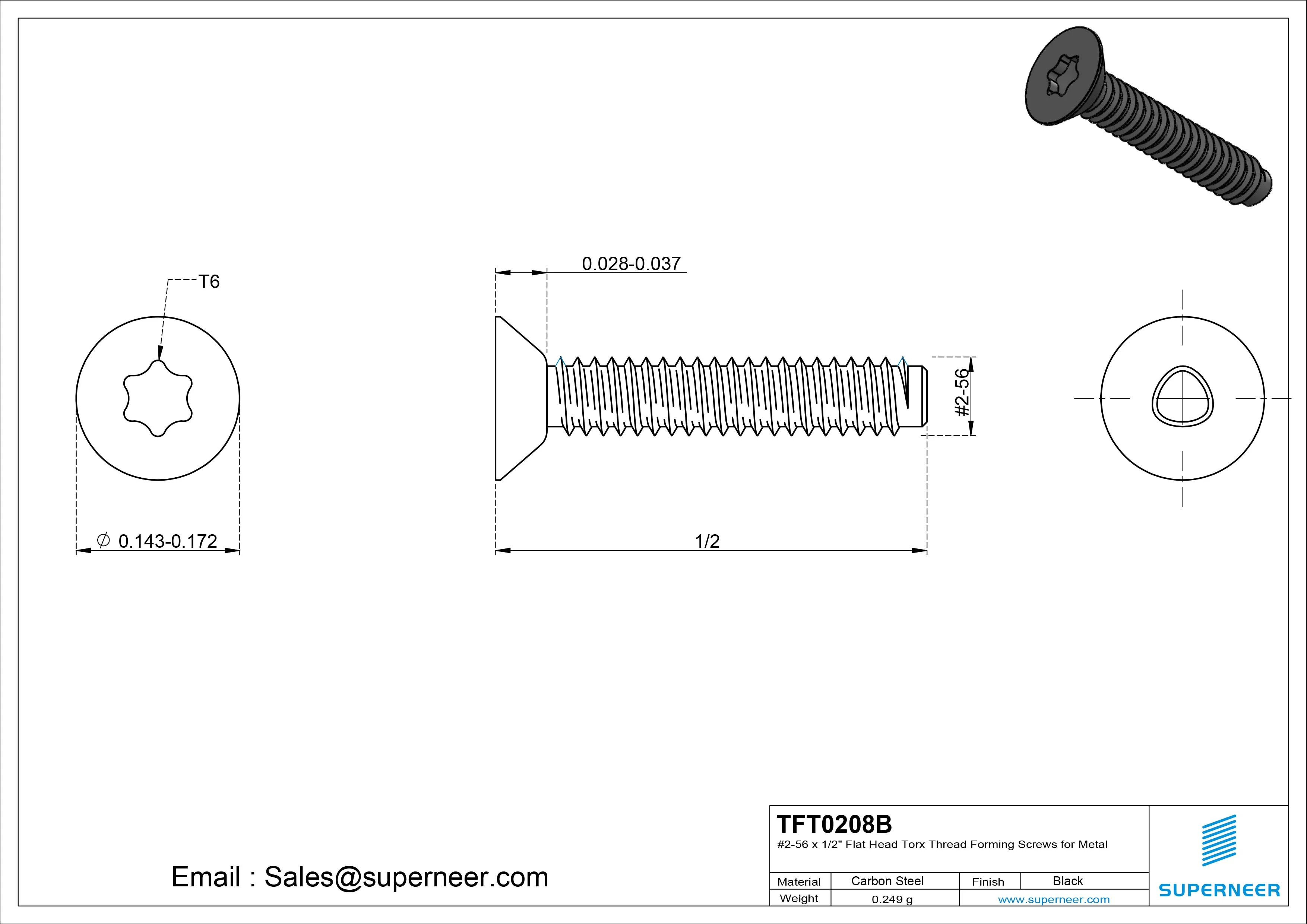 2-56 × 1/2 Flat Head Torx Thread Forming  Screws for Metal  Steel Black