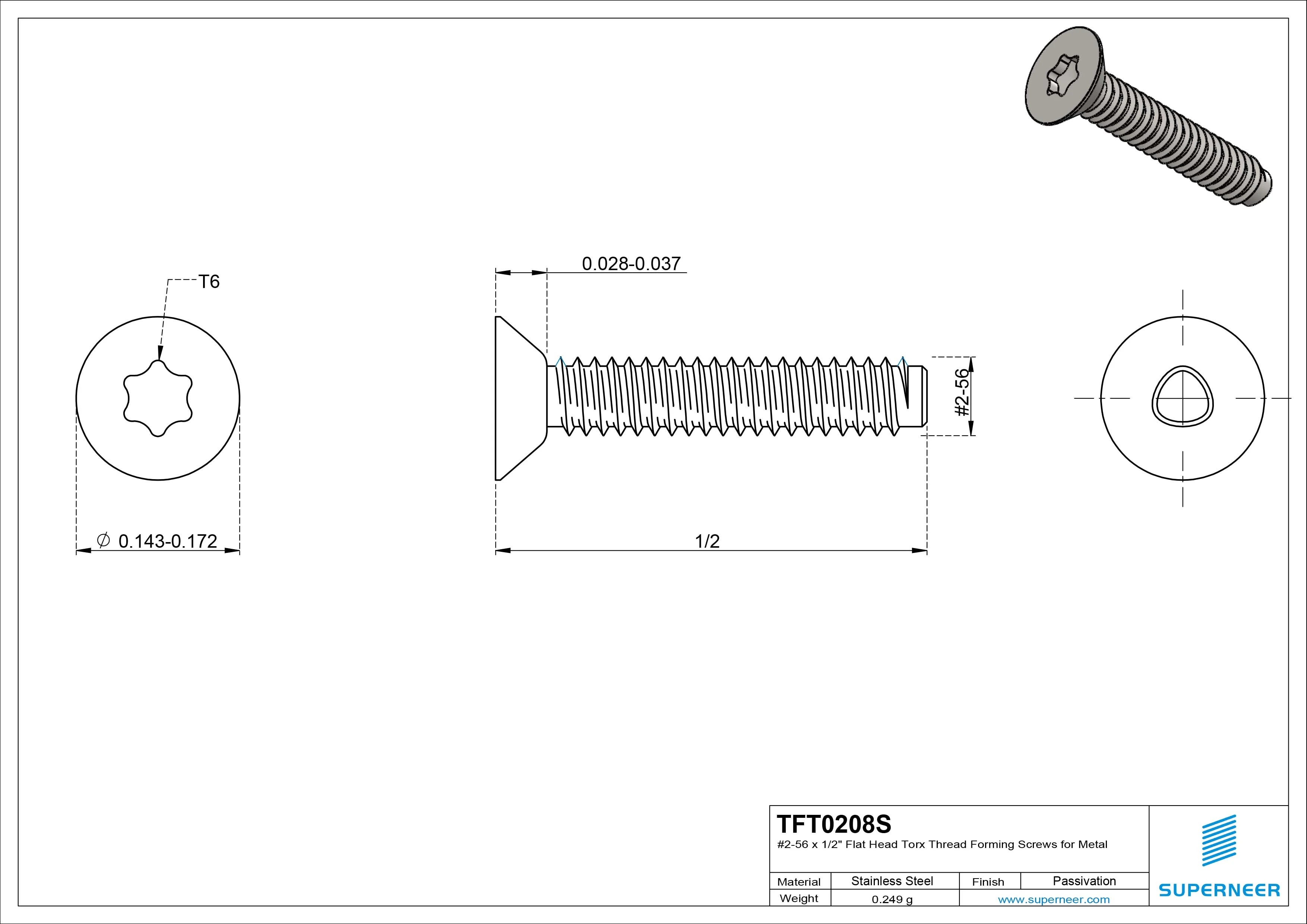 2-56 × 1/2 Flat Head Torx Thread Forming  Screws for Metal  SUS304 Stainless Steel Inox