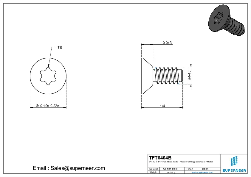 4-40 × 1/4 Flat Head Torx Thread Forming  Screws for Metal  Steel Black