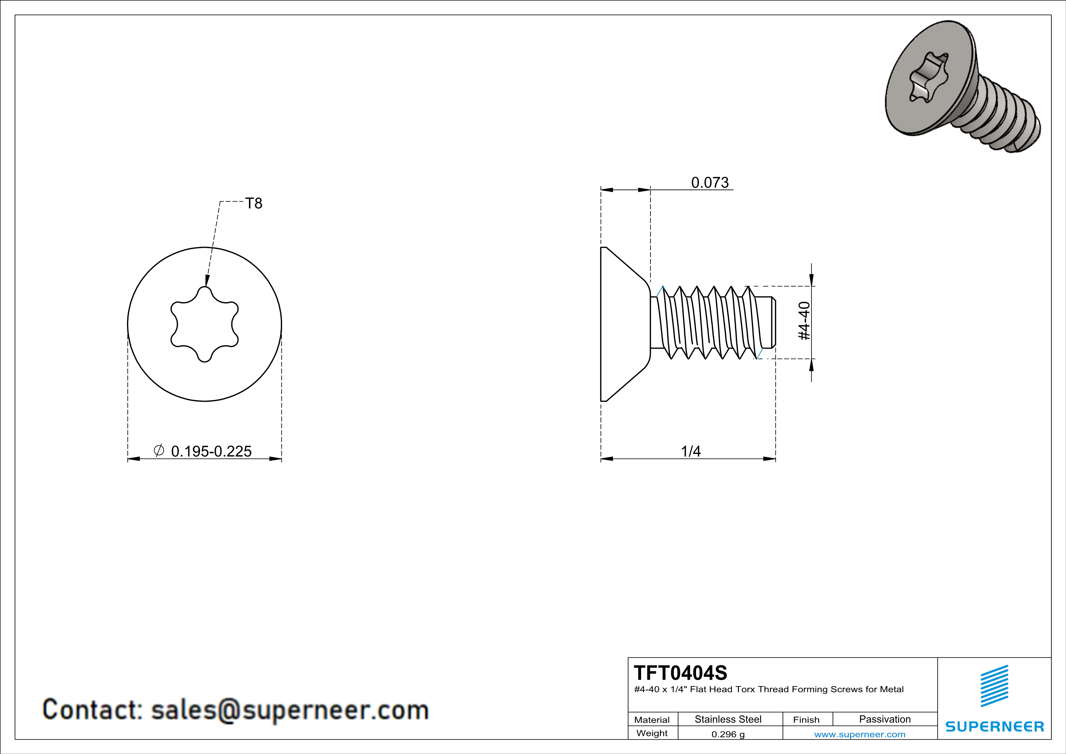 4-40 × 1/4 Flat Head Torx Thread Forming  Screws for Metal  SUS304 Stainless Steel Inox