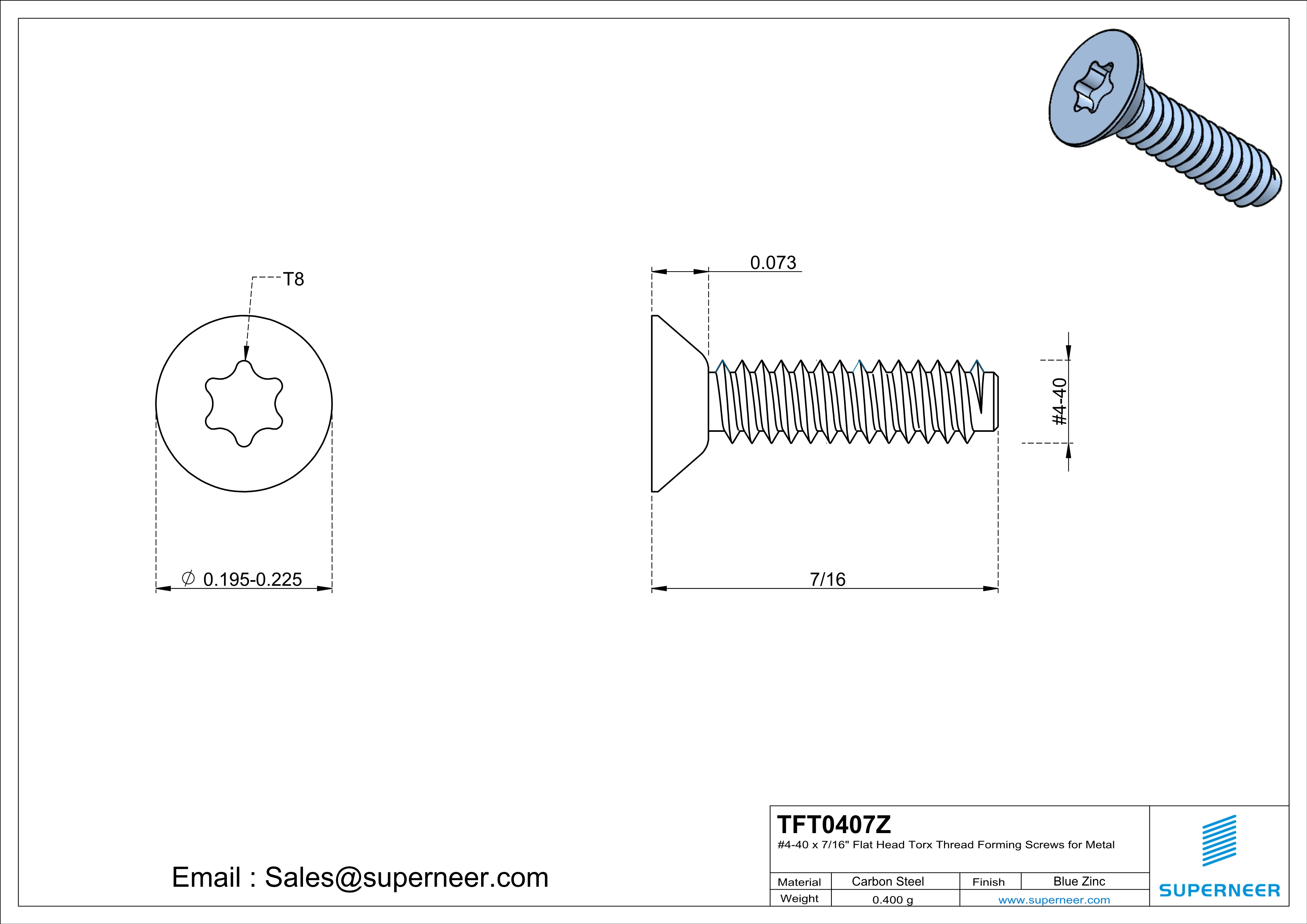 4-40 × 7/16 Flat Head Torx Thread Forming  Screws for Metal  Steel Blue Zinc Plated