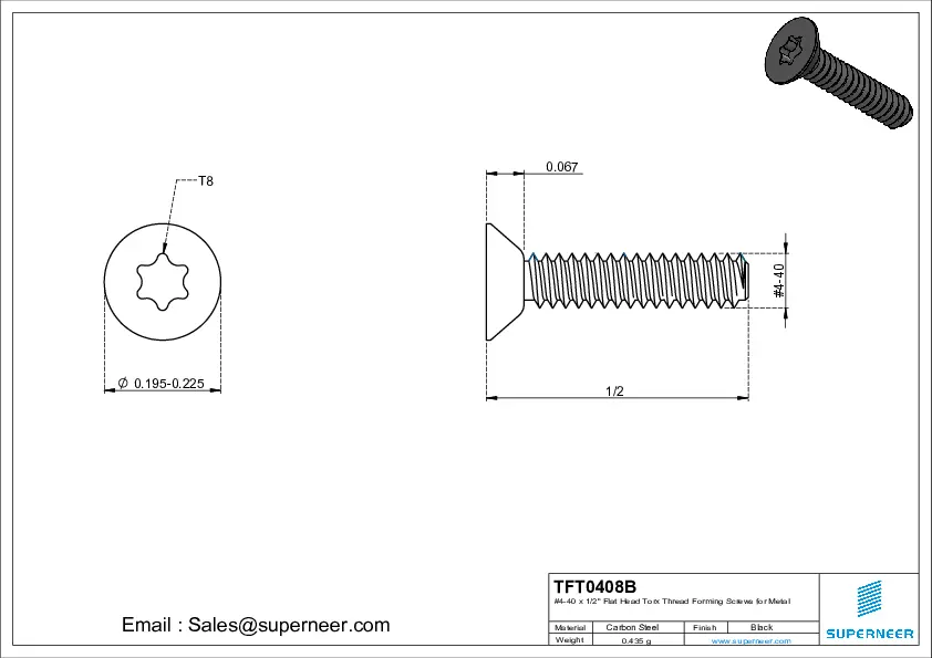 4-40 × 1/2 Flat Head Torx Thread Forming  Screws for Metal  Steel Black