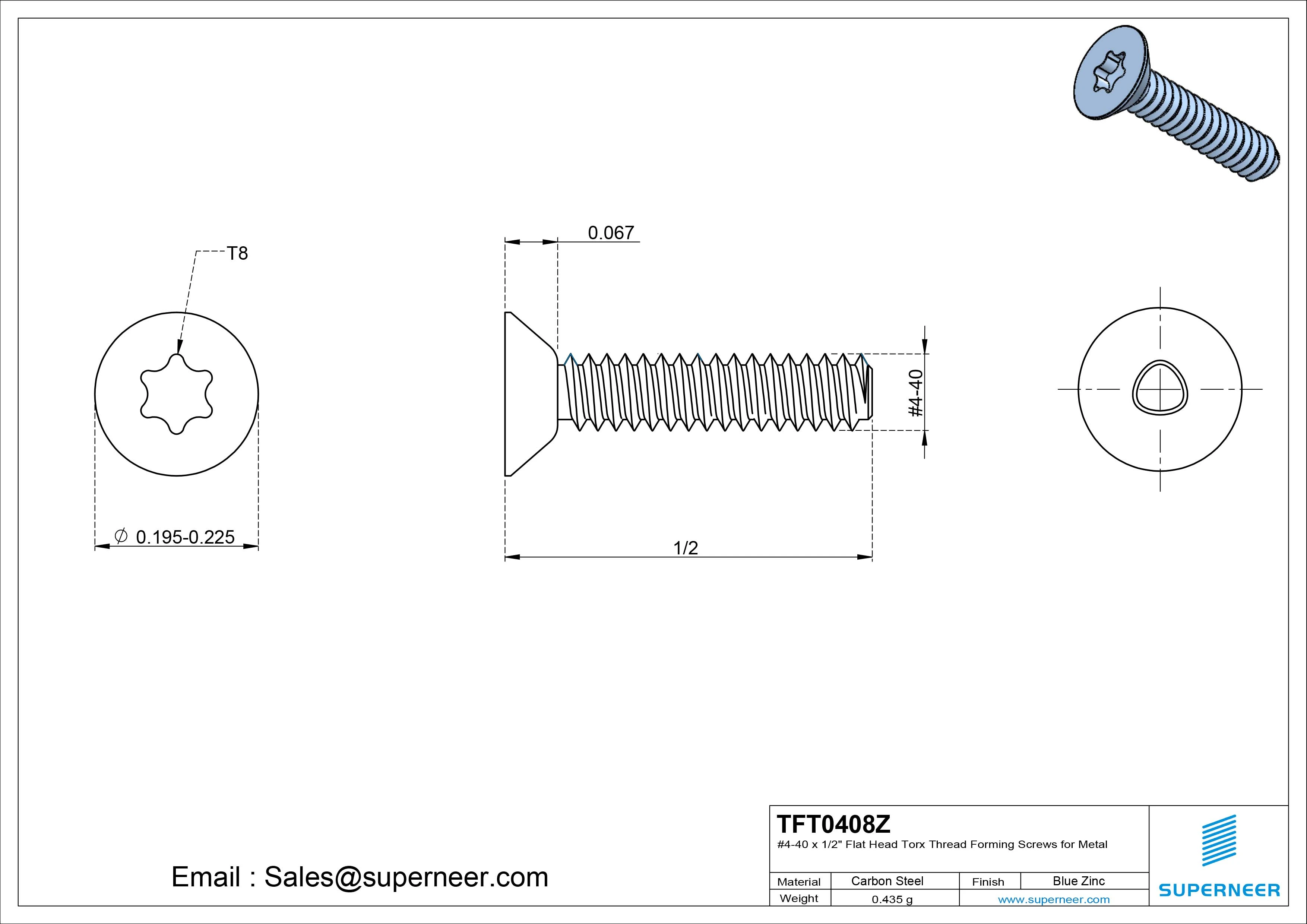 4-40 × 1/2 Flat Head Torx Thread Forming  Screws for Metal  Steel Blue Zinc Plated