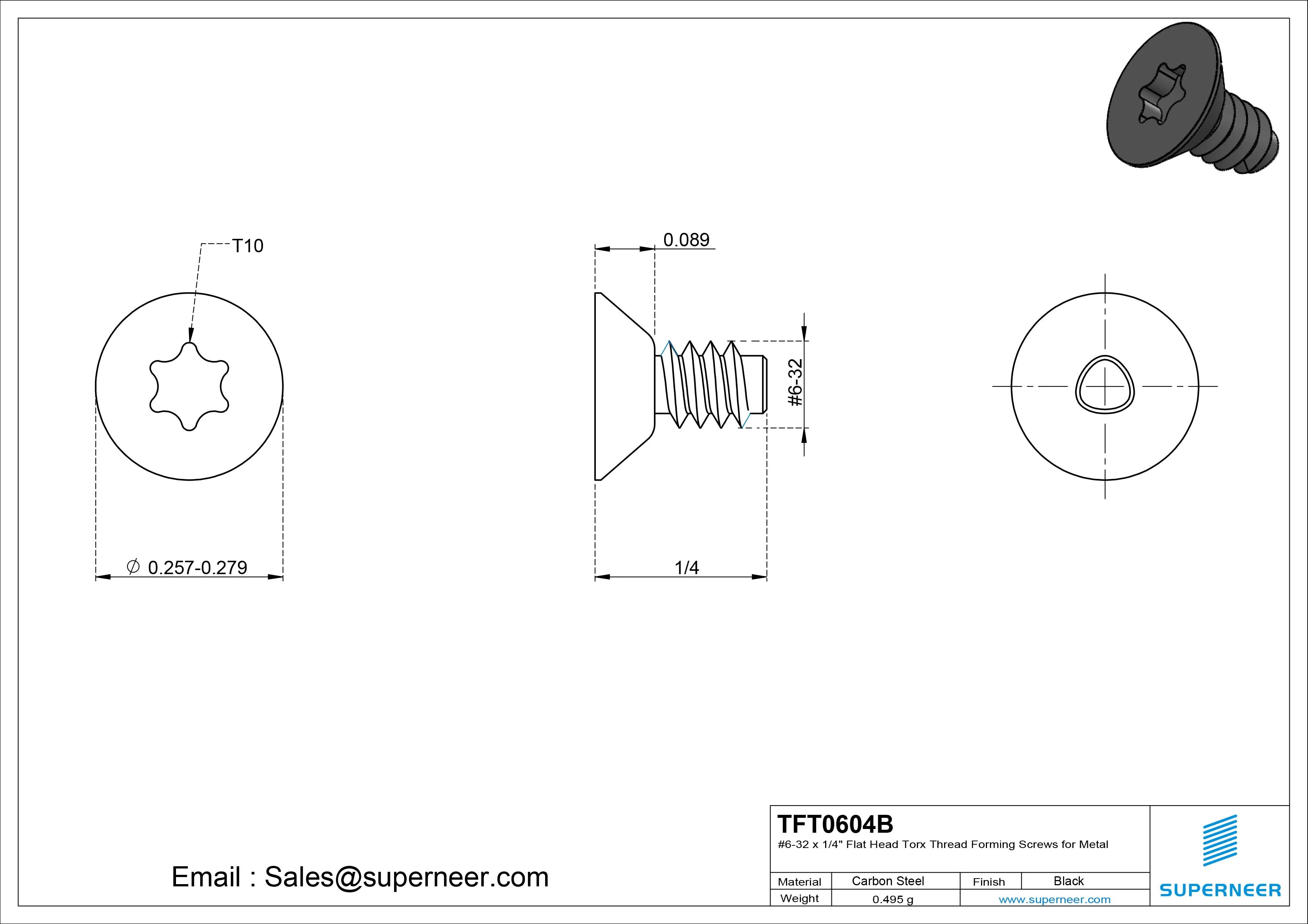6-32 × 1/4 Flat Head Torx Thread Forming  Screws for Metal  Steel Black