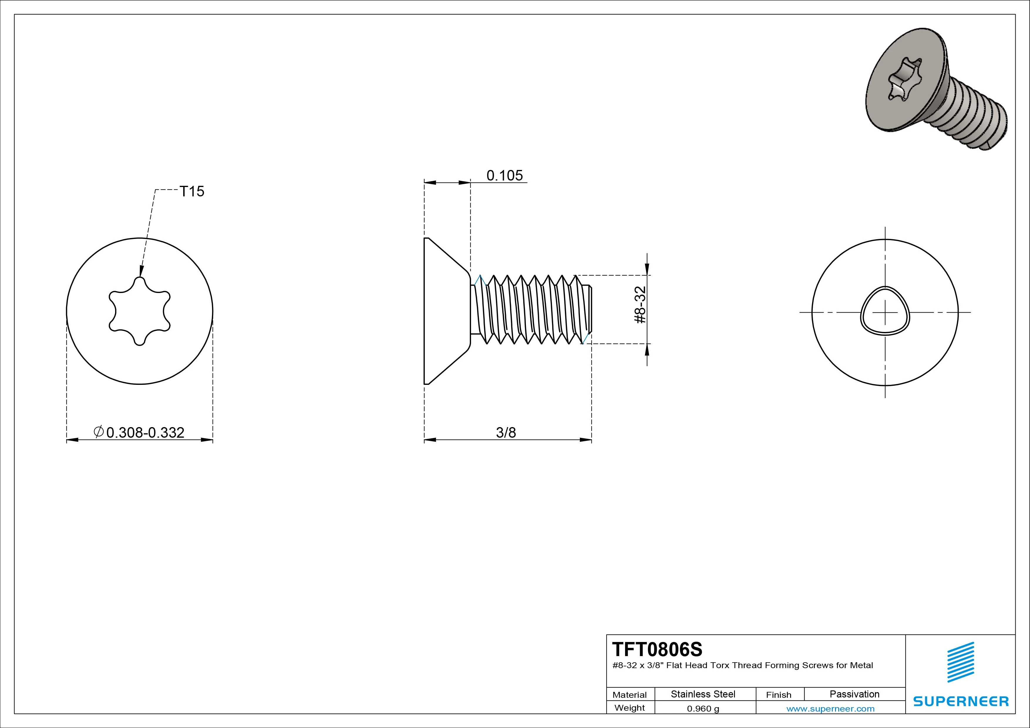 8-32 × 3/8 Flat Head Torx Thread Forming  Screws for Metal  SUS304 Stainless Steel Inox