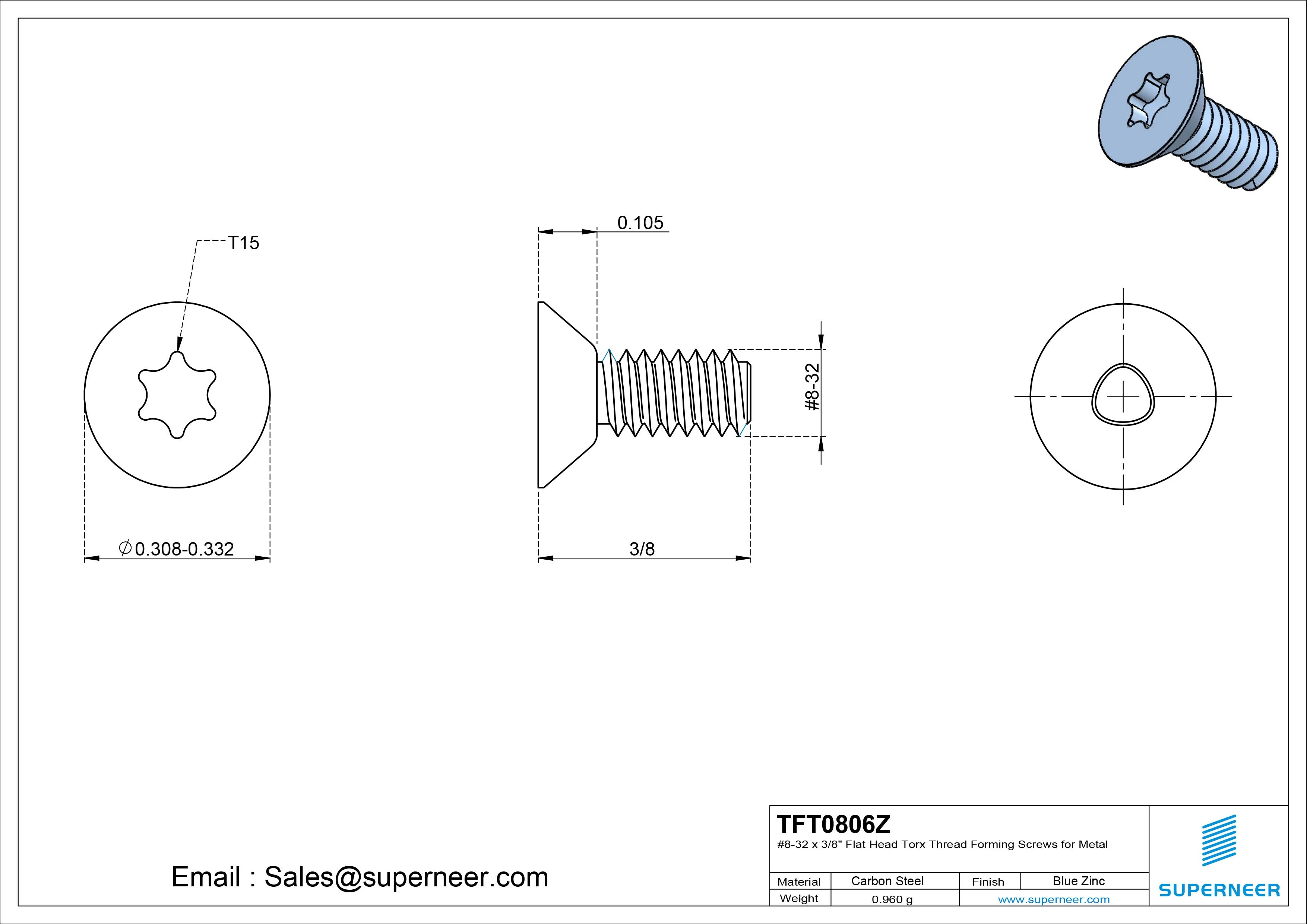 8-32 × 3/8 Flat Head Torx Thread Forming  Screws for Metal  Steel Blue Zinc Plated