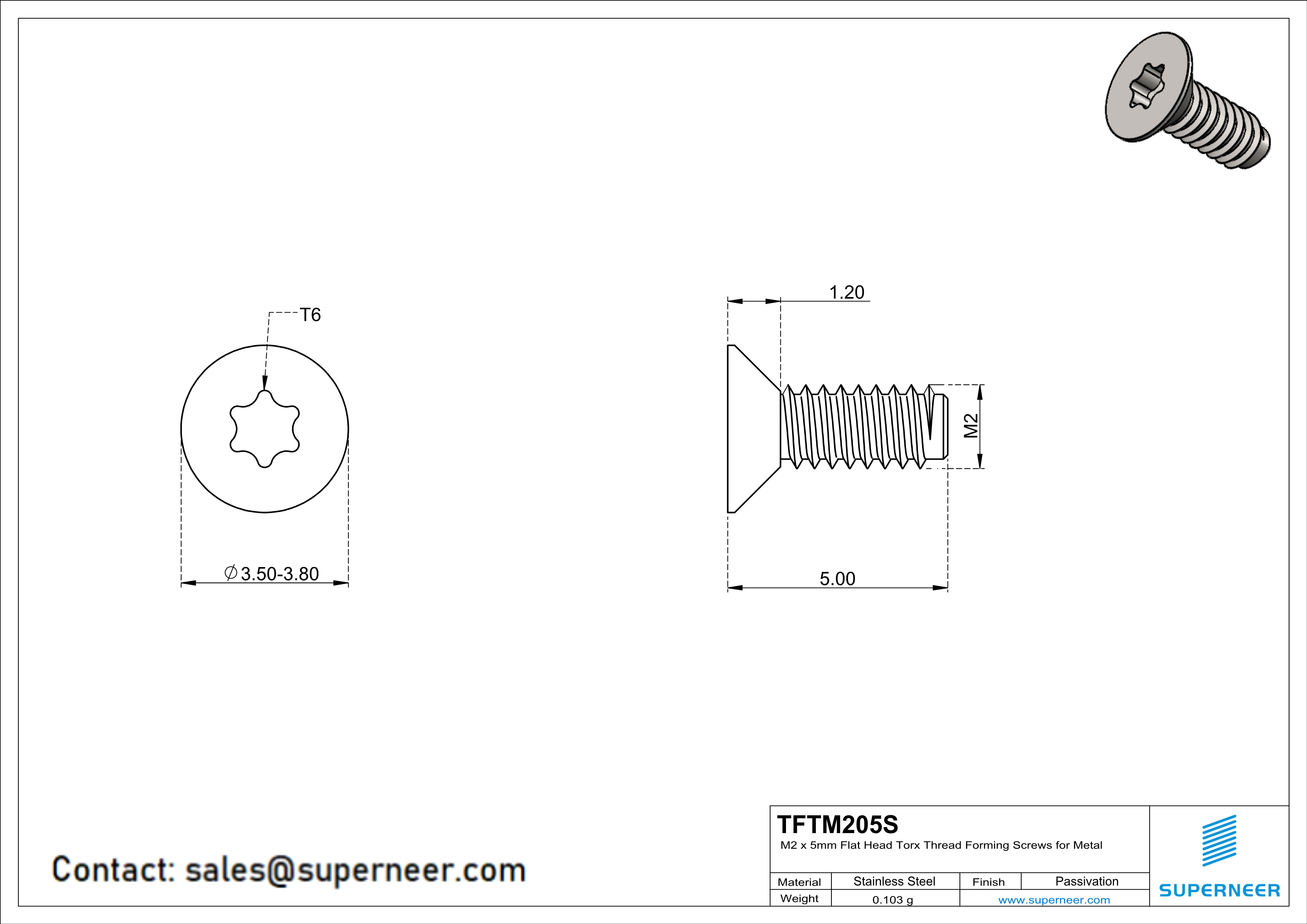 M2 × 5mm Flat Head TorxThread Forming Screws for Metal SUS304 Stainless Steel Inox