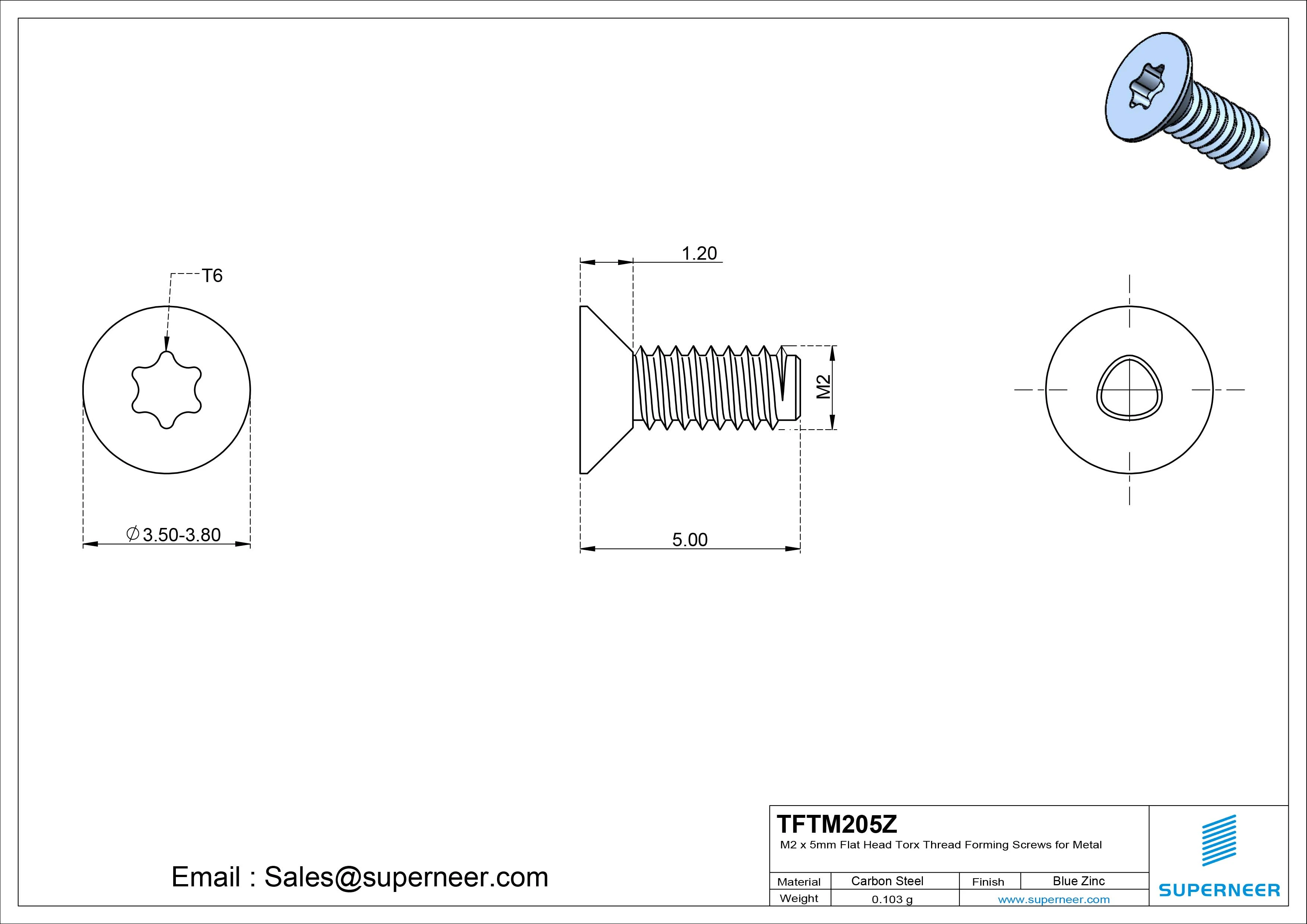 M2 × 5mm Flat Head TorxThread Forming Screws for Metal Steel Blue Zinc Plated