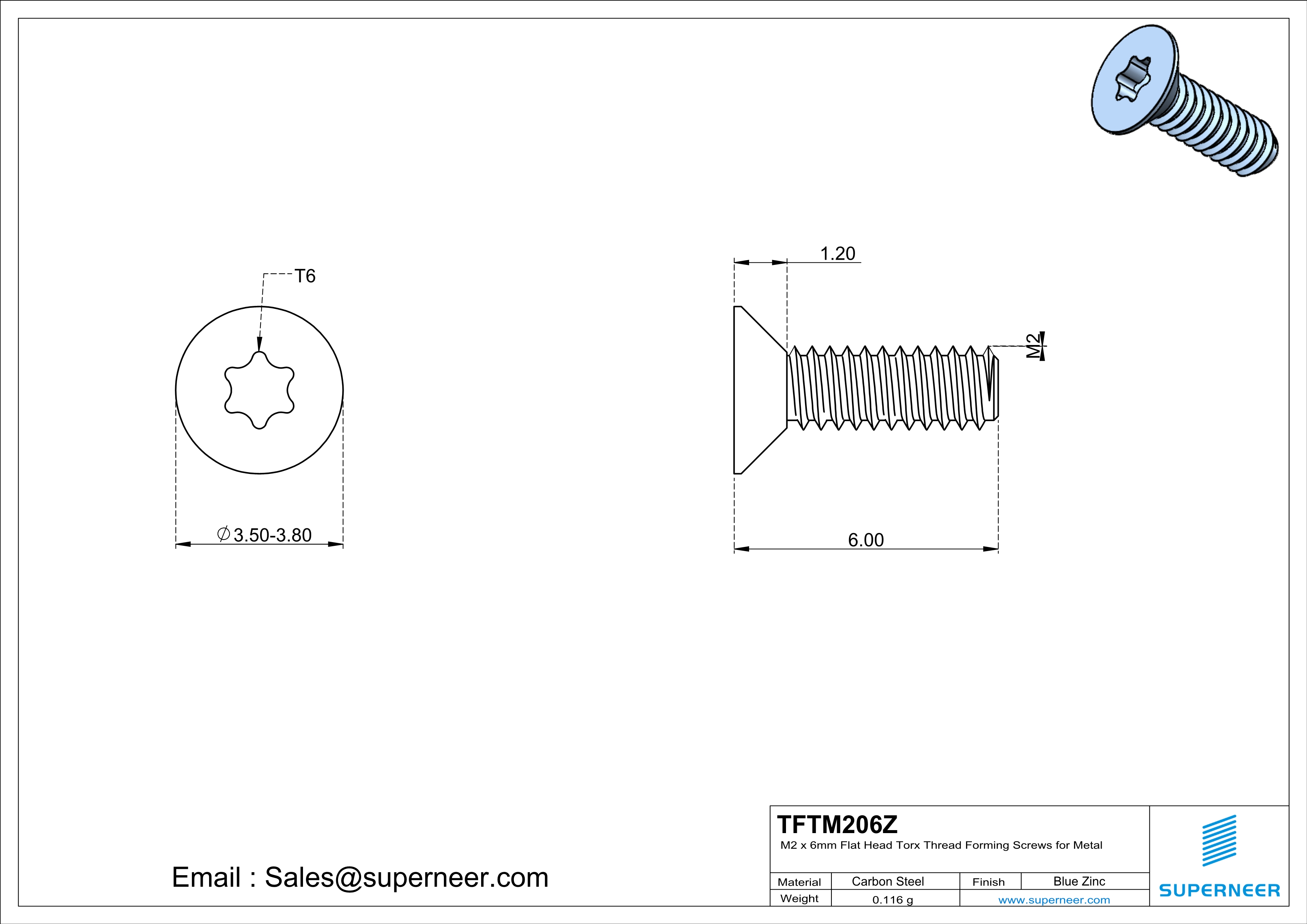 M2 × 6mm Flat Head Torx Thread Forming Screws for Metal Steel Blue Zinc Plated