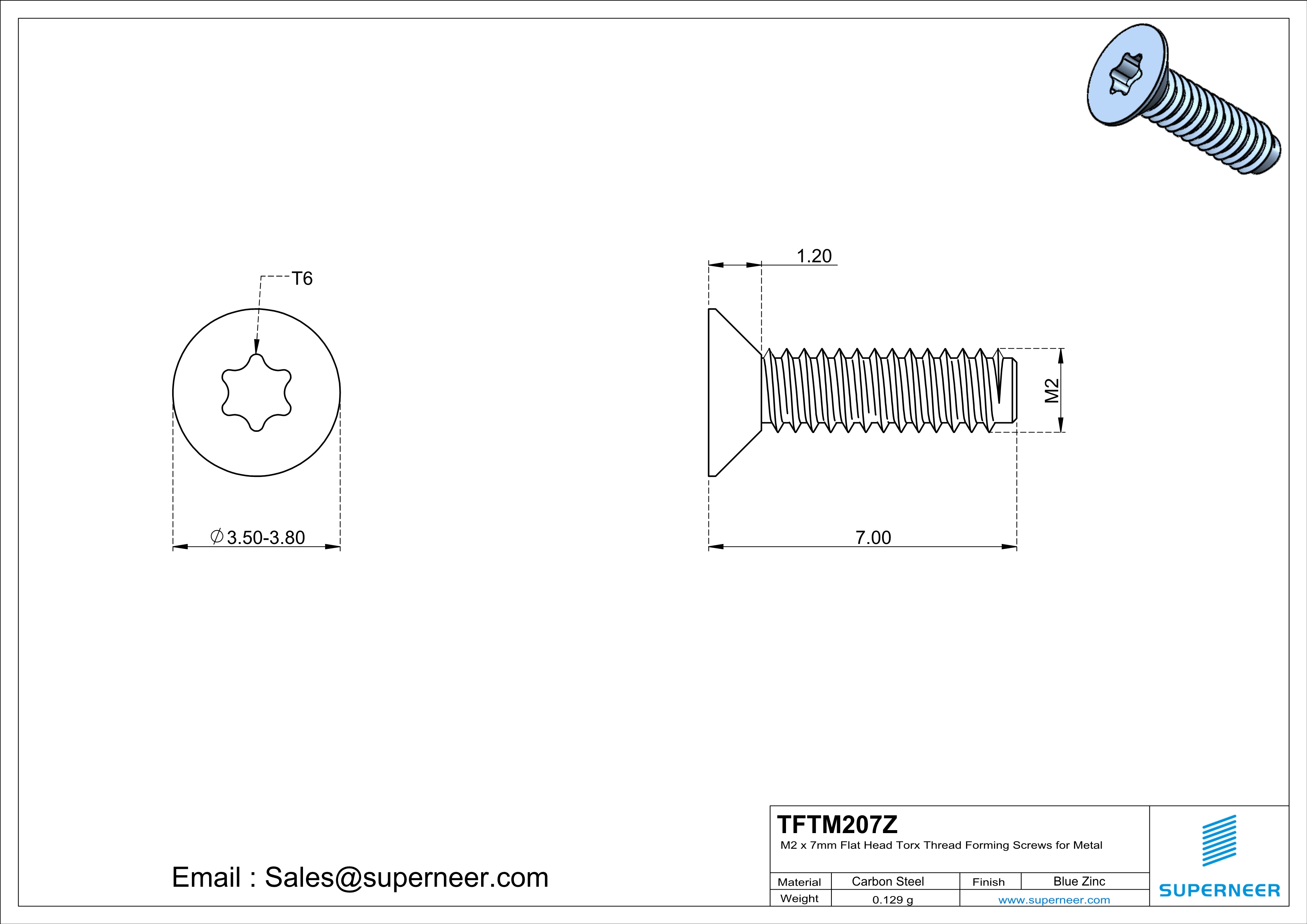 M2 × 7mm Flat Head Torx Thread Forming Screws for Metal Steel Blue Zinc Plated