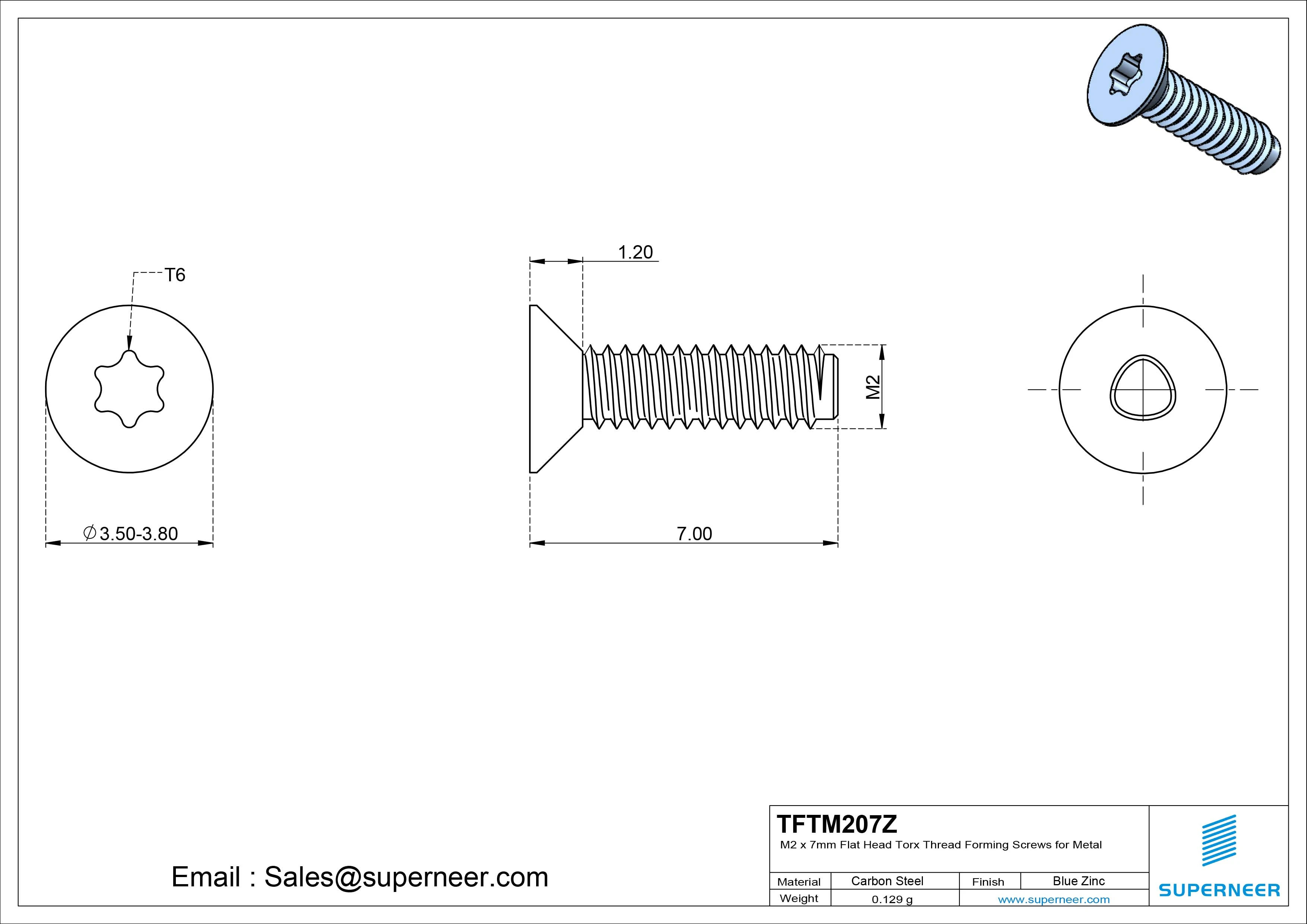 M2 × 7mm Flat Head Torx Thread Forming Screws for Metal Steel Blue Zinc Plated