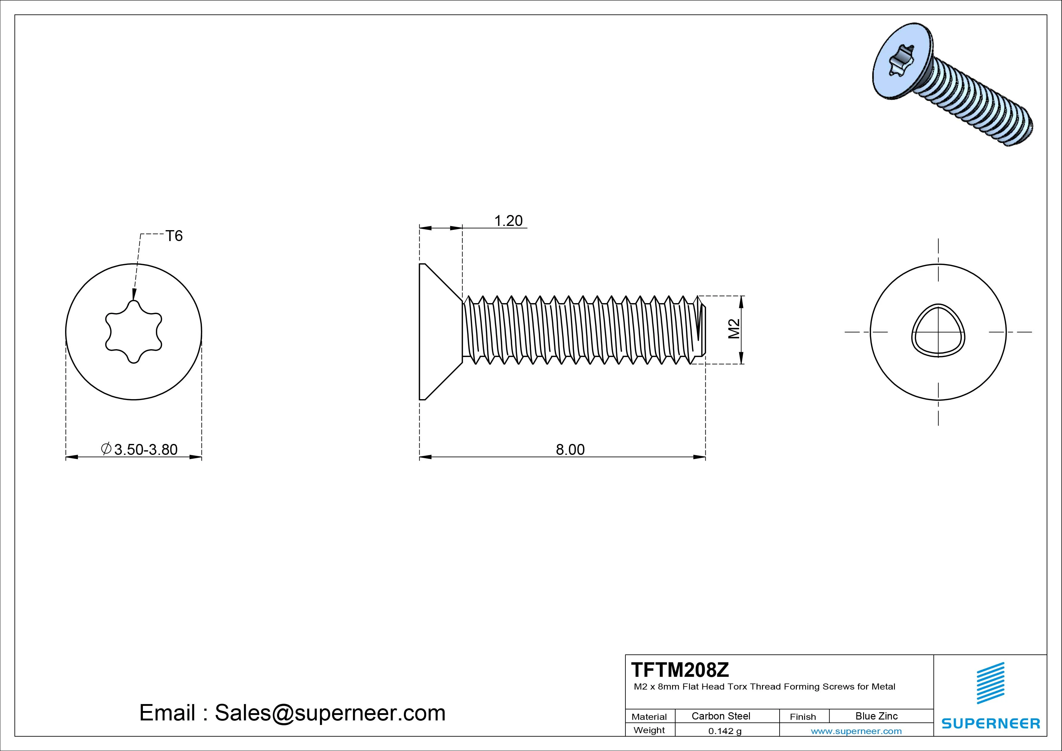 M2 × 8mm Flat Head Torx Thread Forming Screws for Metal Steel Blue Zinc Plated