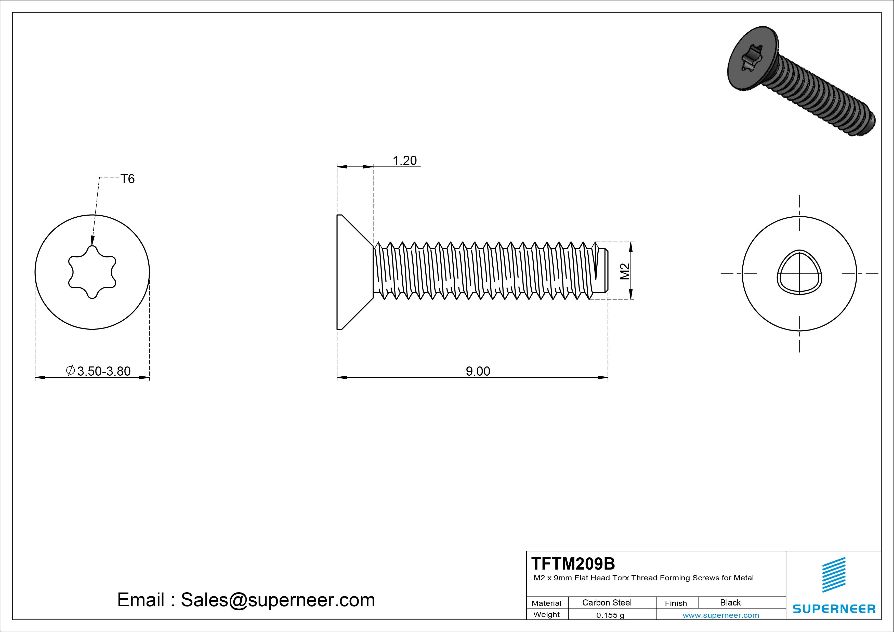 M2 × 9mm Flat Head Torx Thread Forming Screws for Metal Steel Black