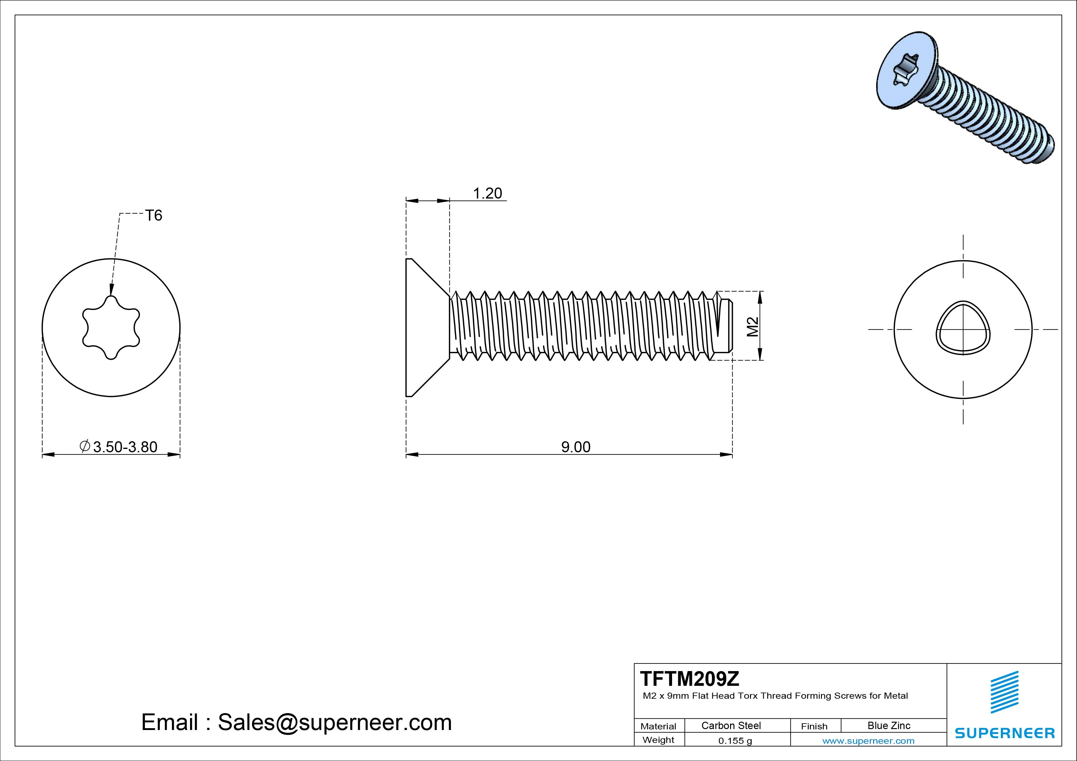 M2 × 9mm Flat Head Torx Thread Forming Screws for Metal Steel Blue Zinc Plated