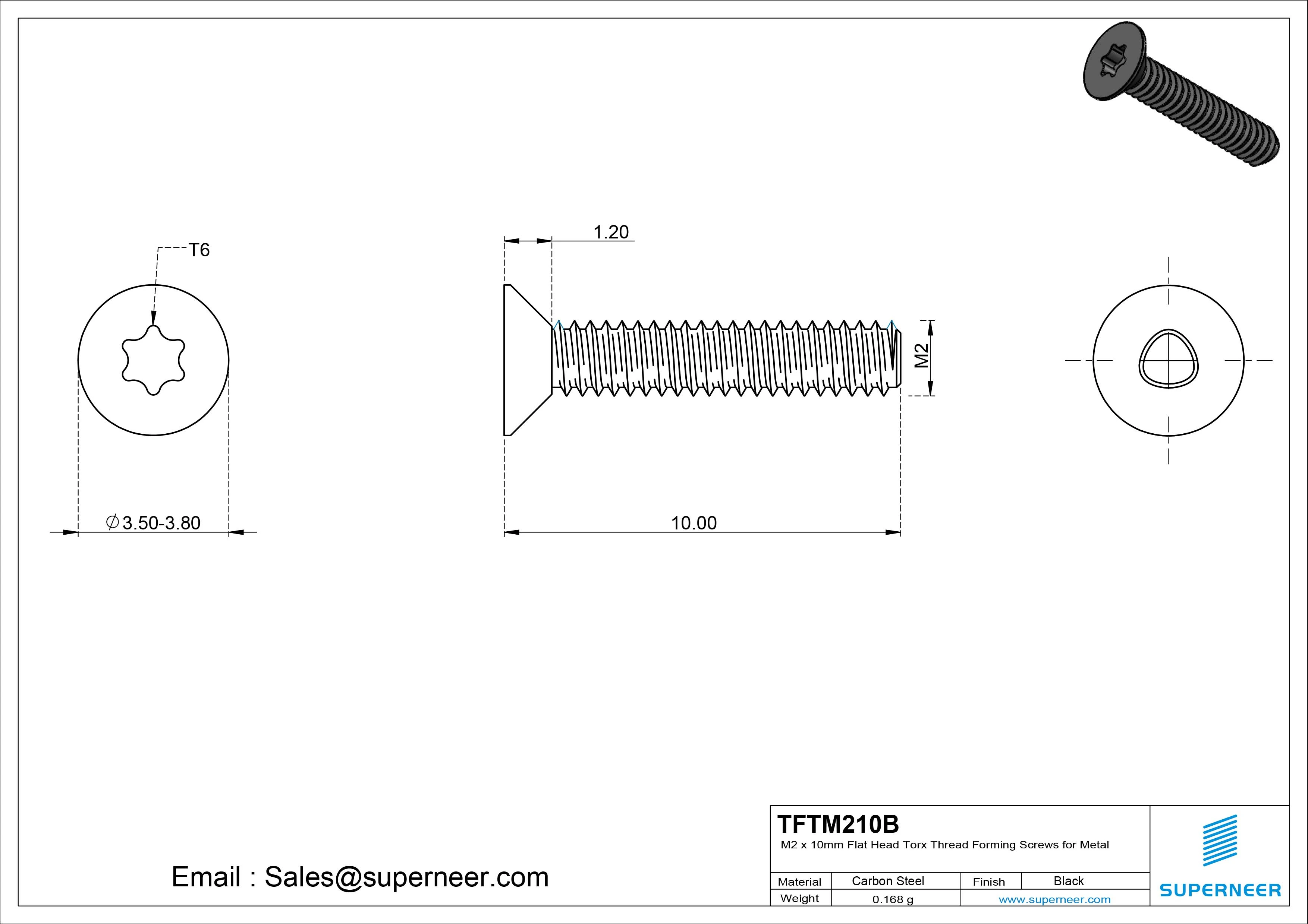 M2 × 10mm Flat Head Torx Thread Forming Screws for Metal Steel Black