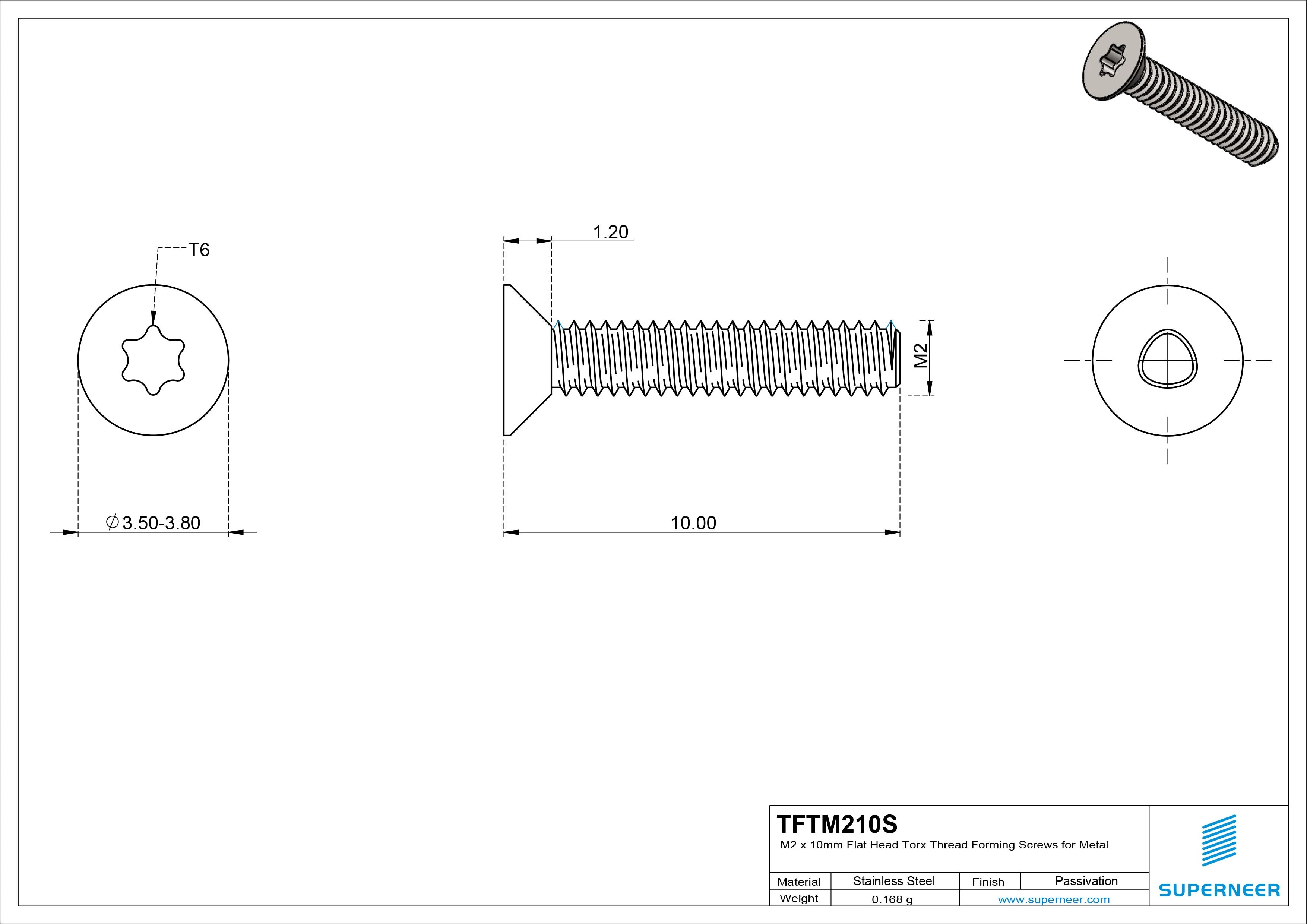 M2 × 10mm Flat Head Torx Thread Forming Screws for Metal SUS304 Stainless Steel Inox