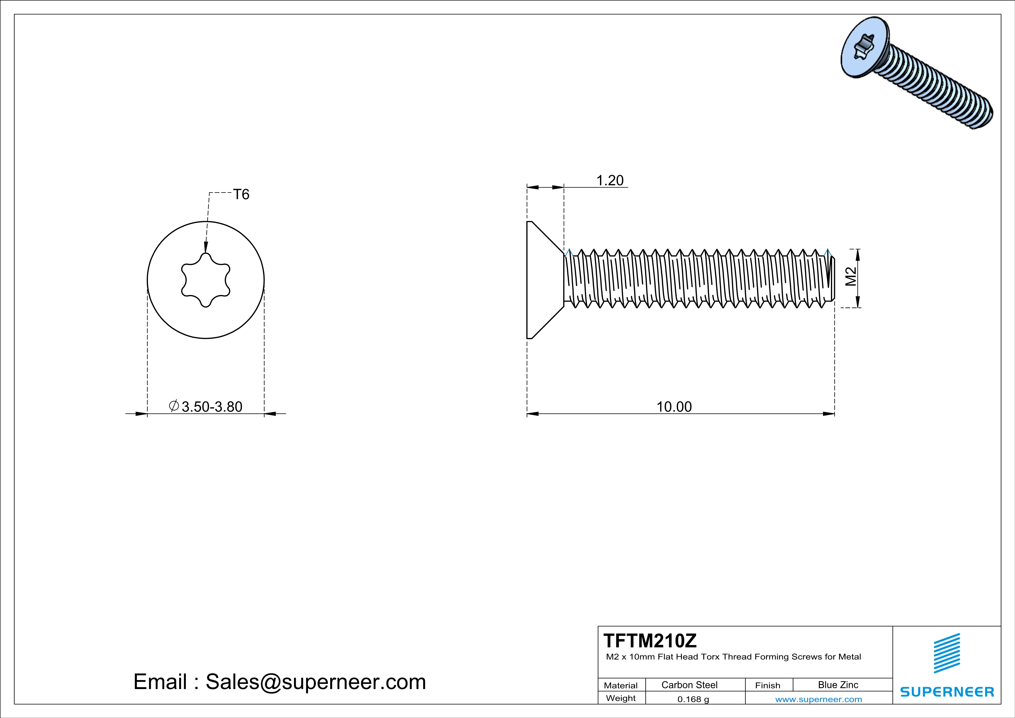 M2 × 10mm Flat Head Torx Thread Forming Screws for Metal Steel Blue Zinc Plated