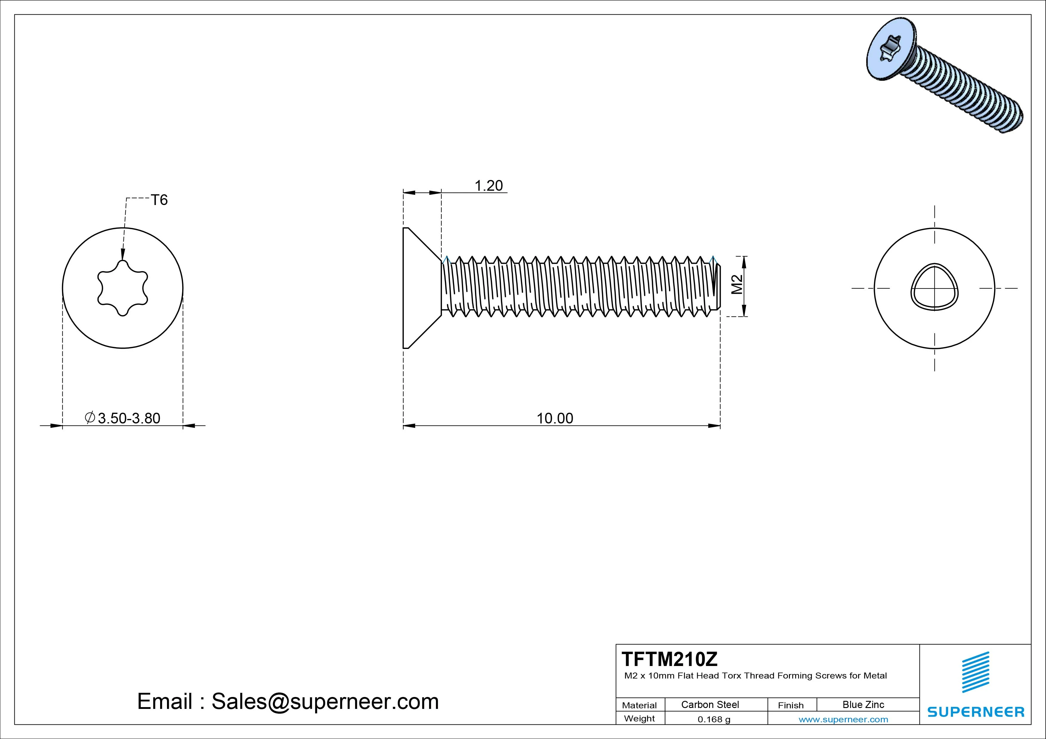 M2 × 10mm Flat Head Torx Thread Forming Screws for Metal Steel Blue Zinc Plated