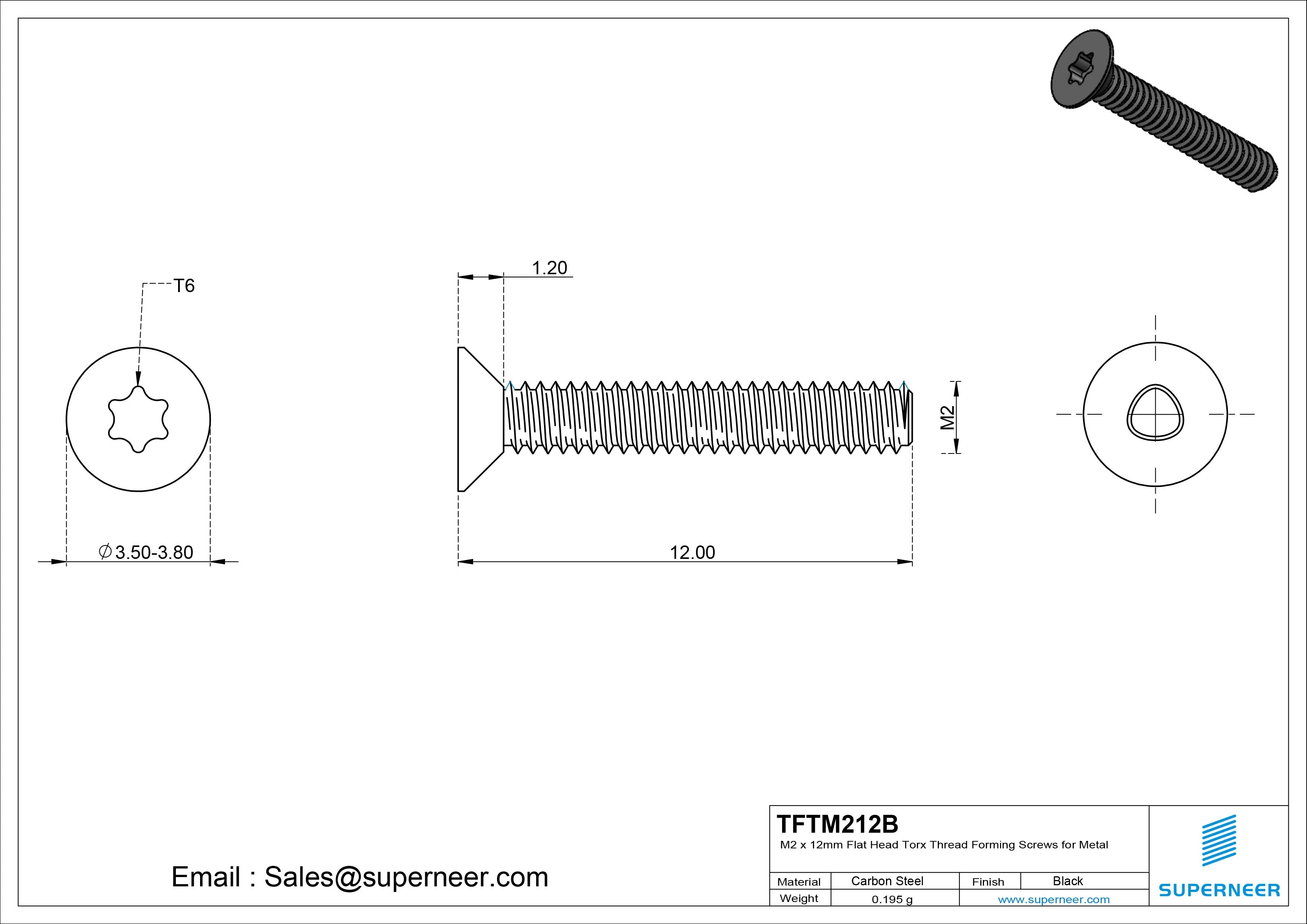 M2 × 12mm Flat Head Torx Thread Forming Screws for Metal Steel Black