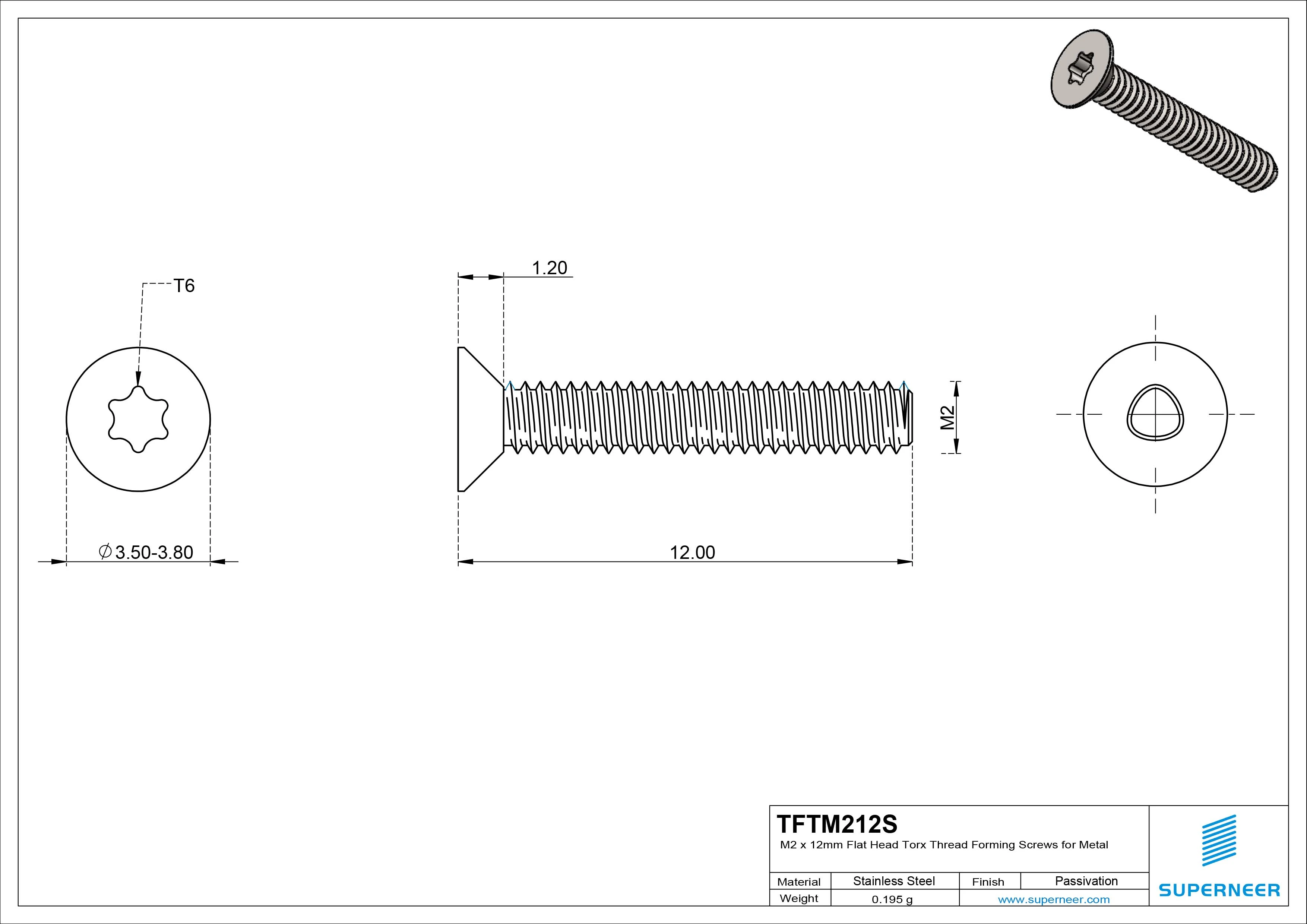 M2 × 12mm Flat Head Torx Thread Forming Screws for Metal SUS304 Stainless Steel Inox