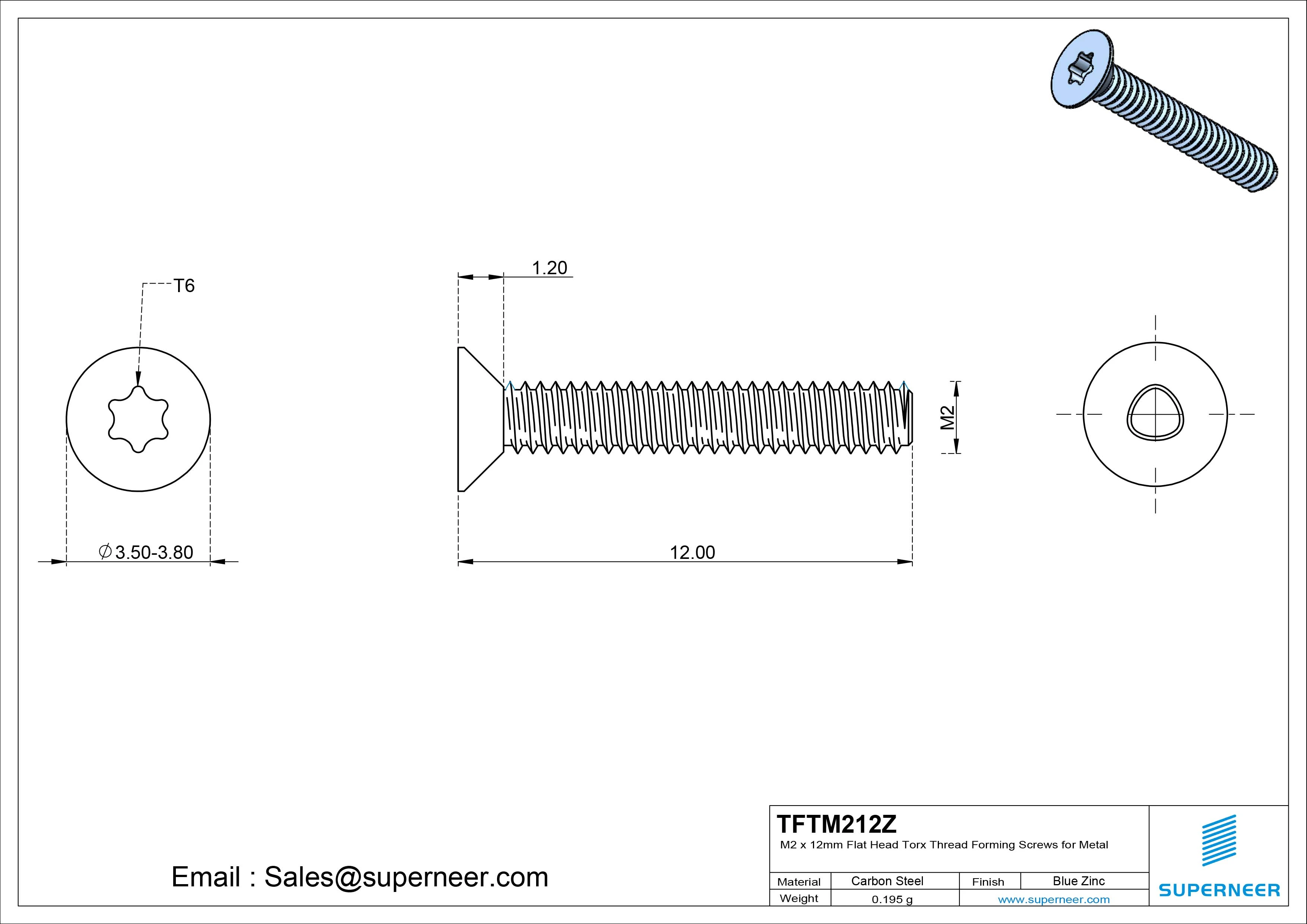 M2 × 12mm Flat Head Torx Thread Forming Screws for Metal Steel Blue Zinc Plated