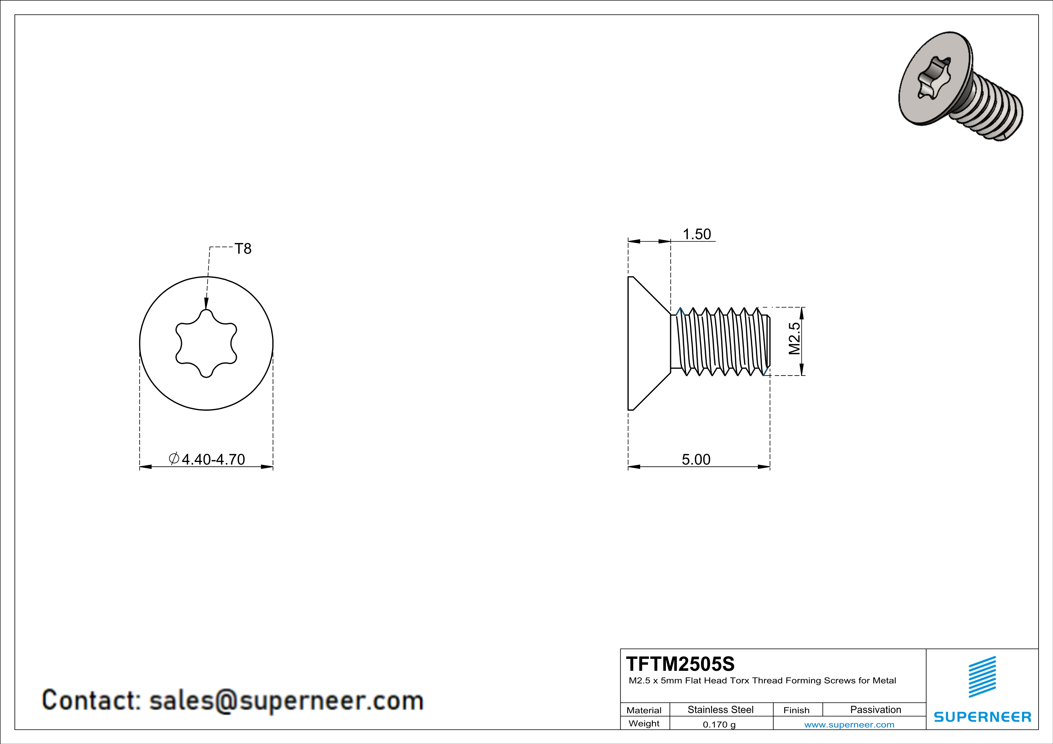 M2.5 × 5mm Flat Head Torx Thread Forming Screws for Metal SUS304 Stainless Steel Inox