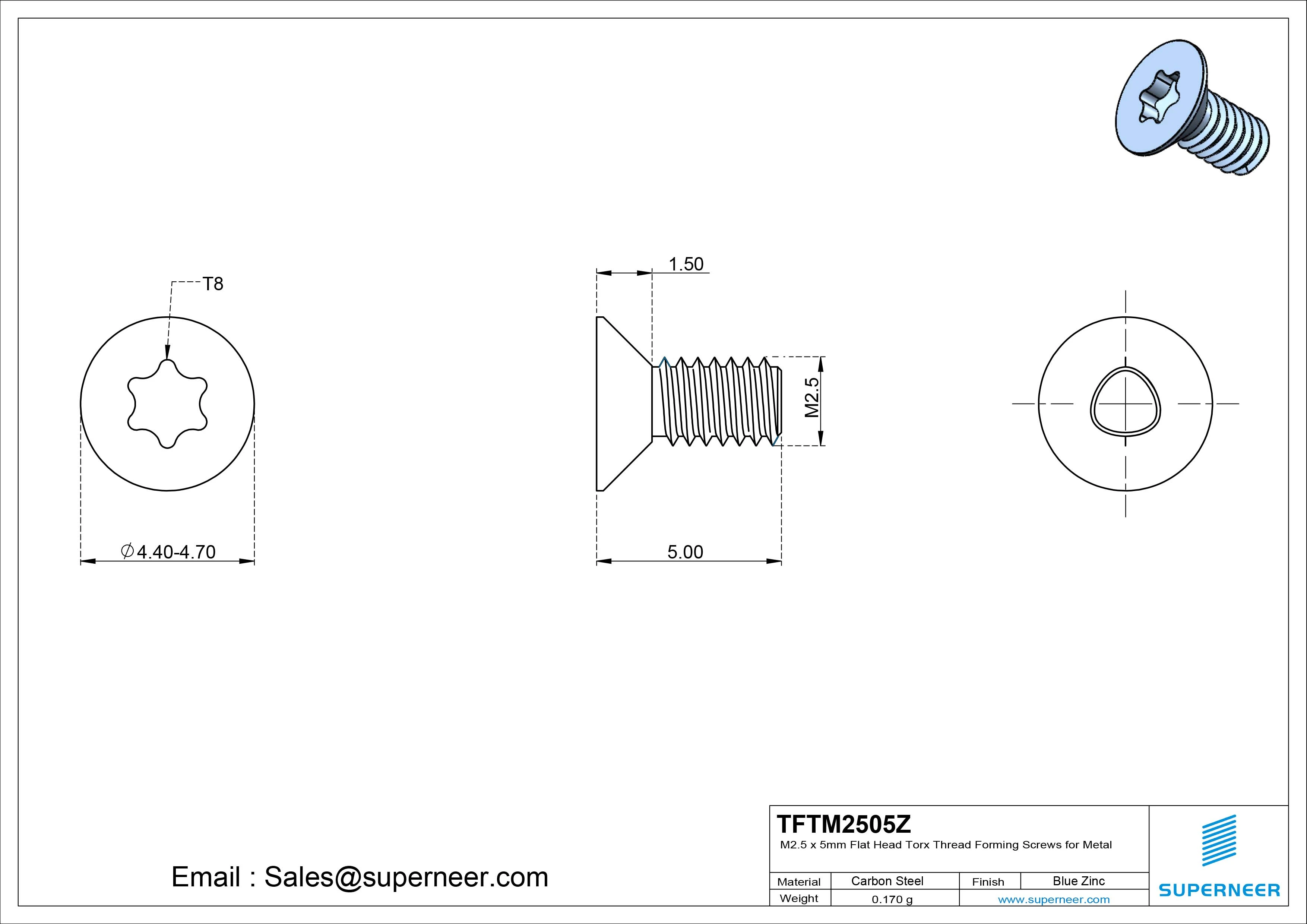 M2.5 × 5mm Flat Head Torx Thread Forming Screws for Metal Steel Blue Zinc Plated