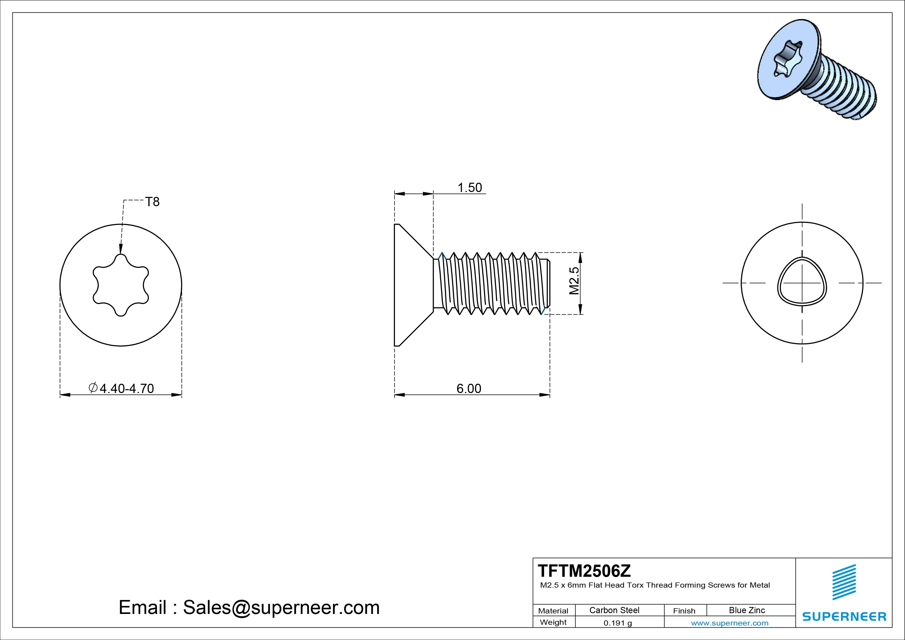 M2.5 × 6mm Flat Head Torx Thread Forming Screws for Metal Steel Blue Zinc Plated