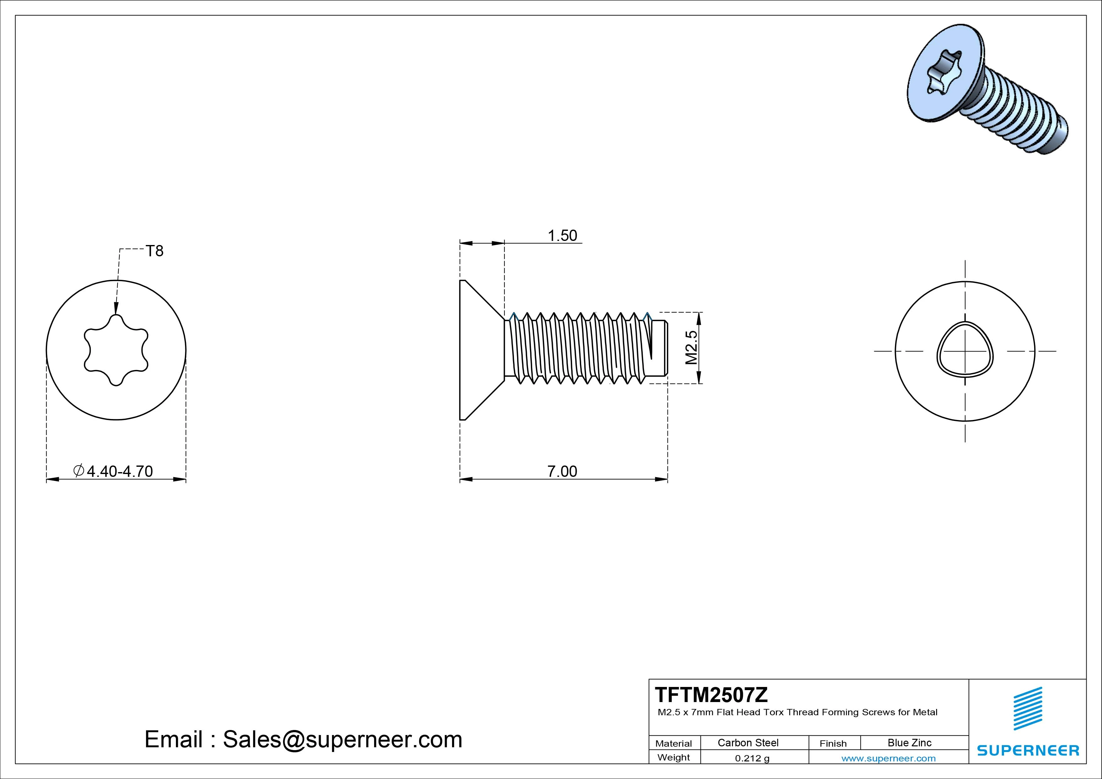 M2.5 × 7mm Flat Head Torx Thread Forming Screws for Metal Steel Blue Zinc Plated