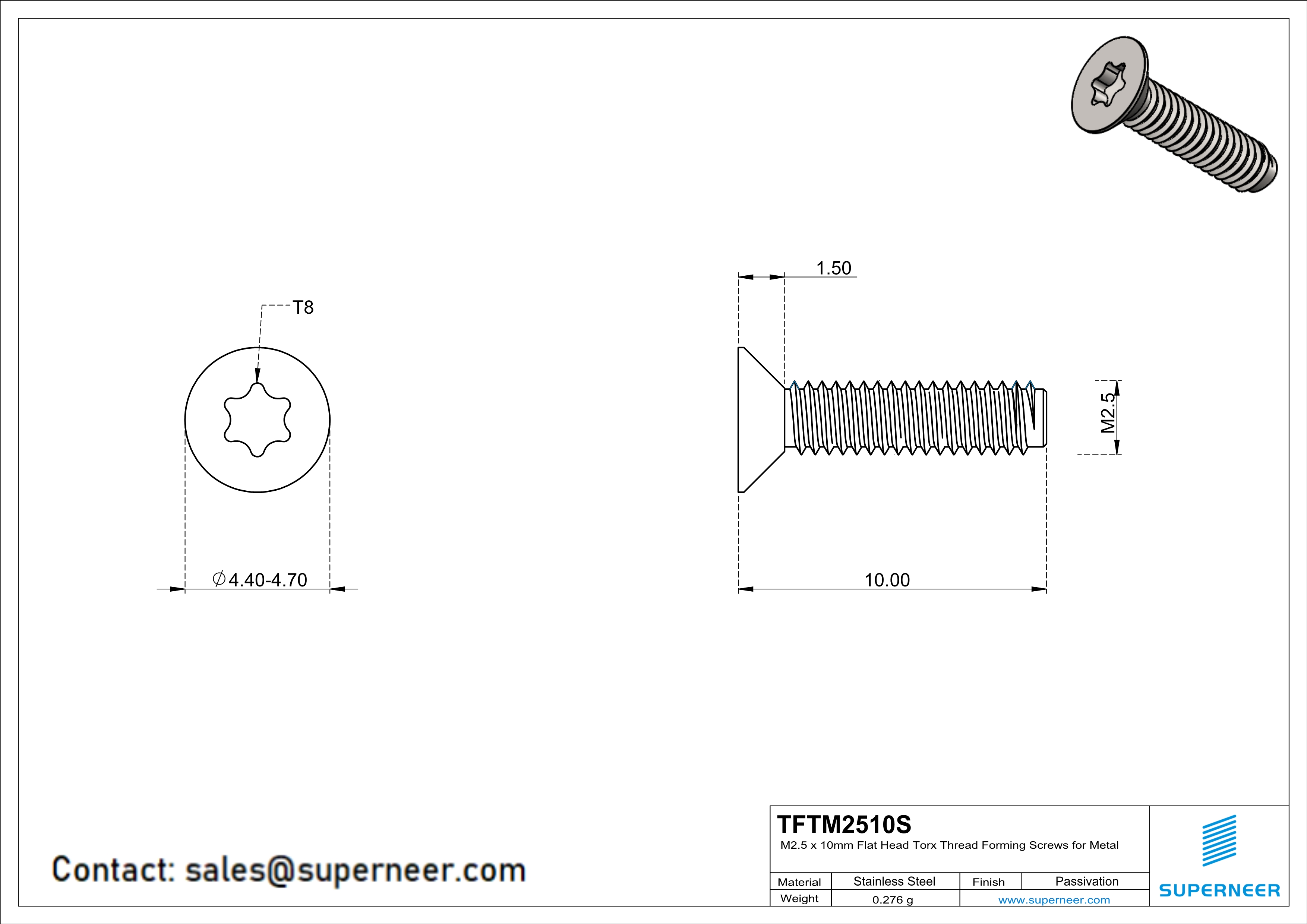 M2.5 × 10mm Flat Head Torx Thread Forming Screws for Metal SUS304 Stainless Steel Inox