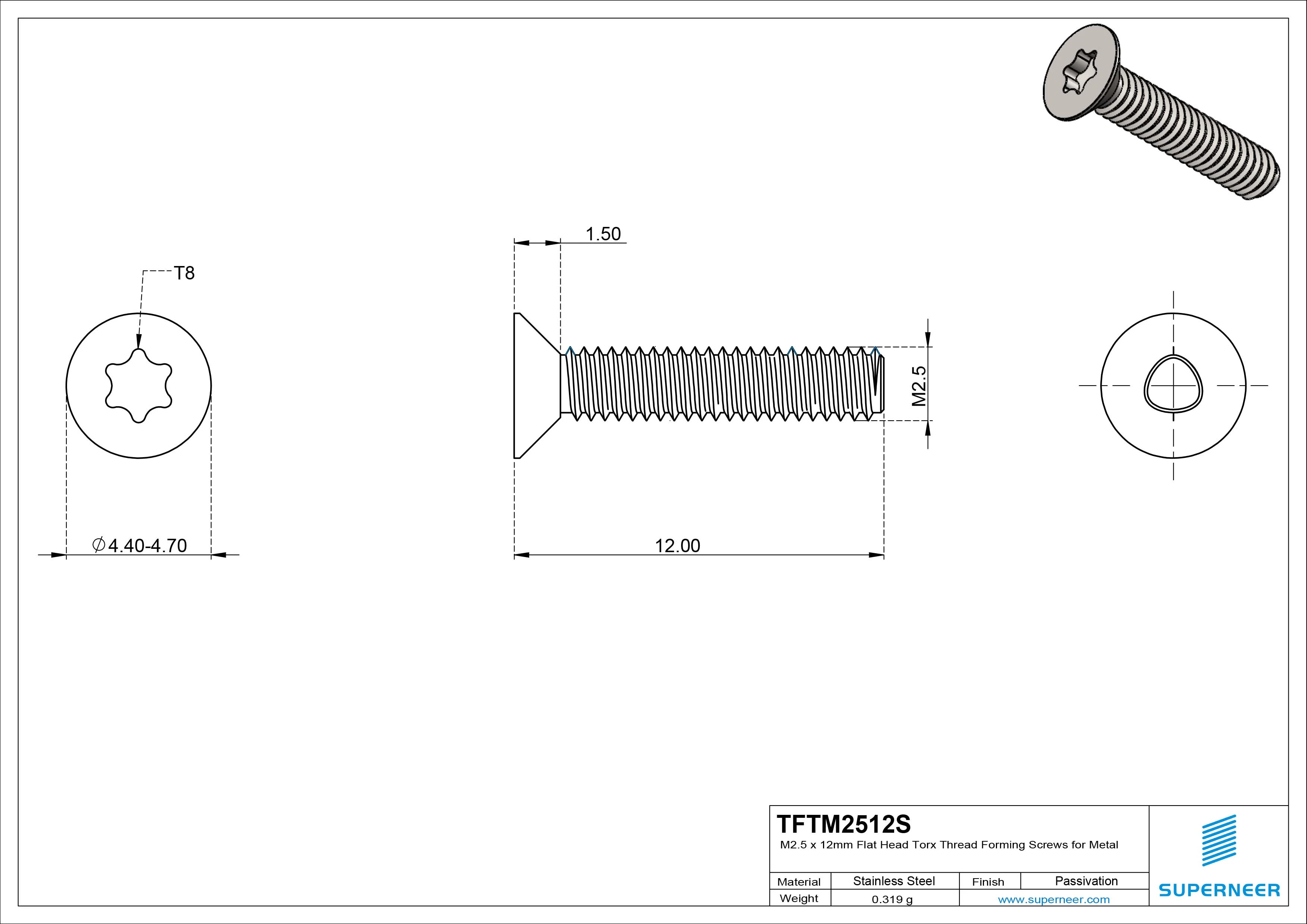 M2.5 × 12mm Flat Head Torx Thread Forming Screws for Metal SUS304 Stainless Steel Inox