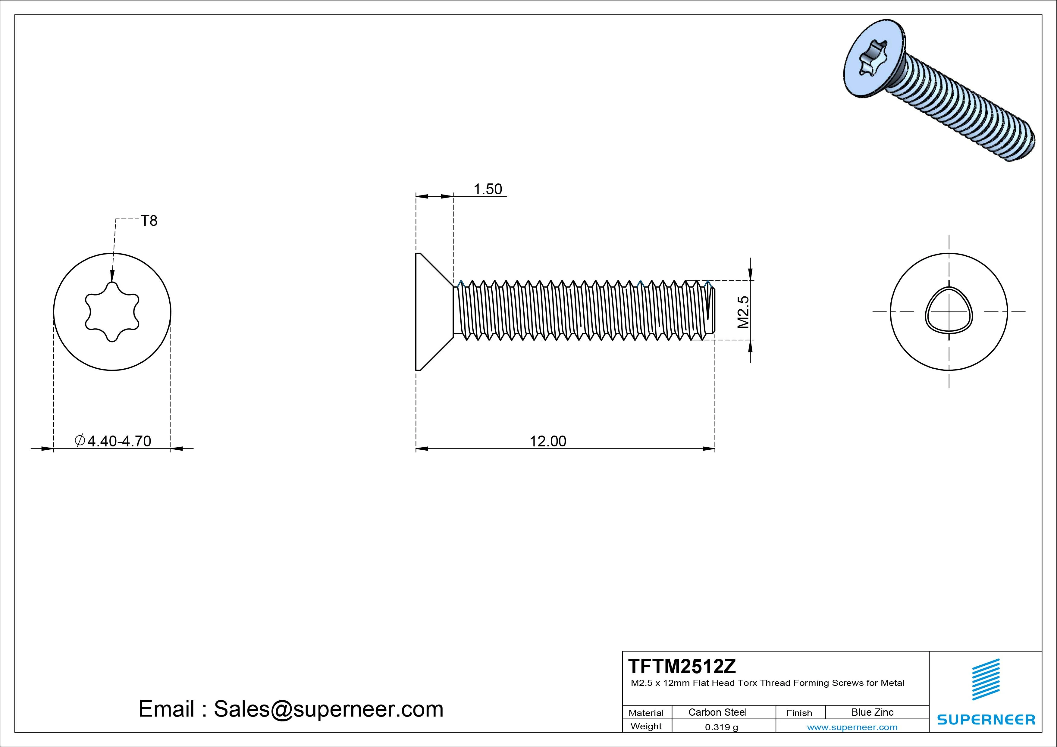 M2.5 × 12mm Flat Head Torx Thread Forming Screws for Metal Steel Blue Zinc Plated