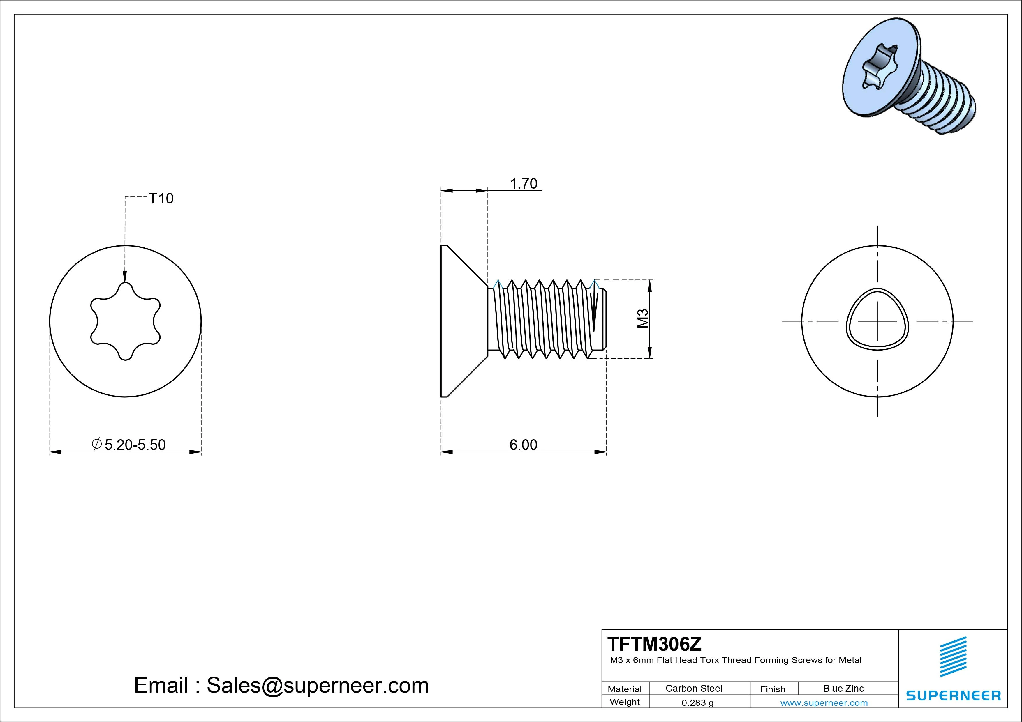 M3 × 6mm Flat Head Torx Thread Forming Screws for Metal Steel Blue Zinc Plated