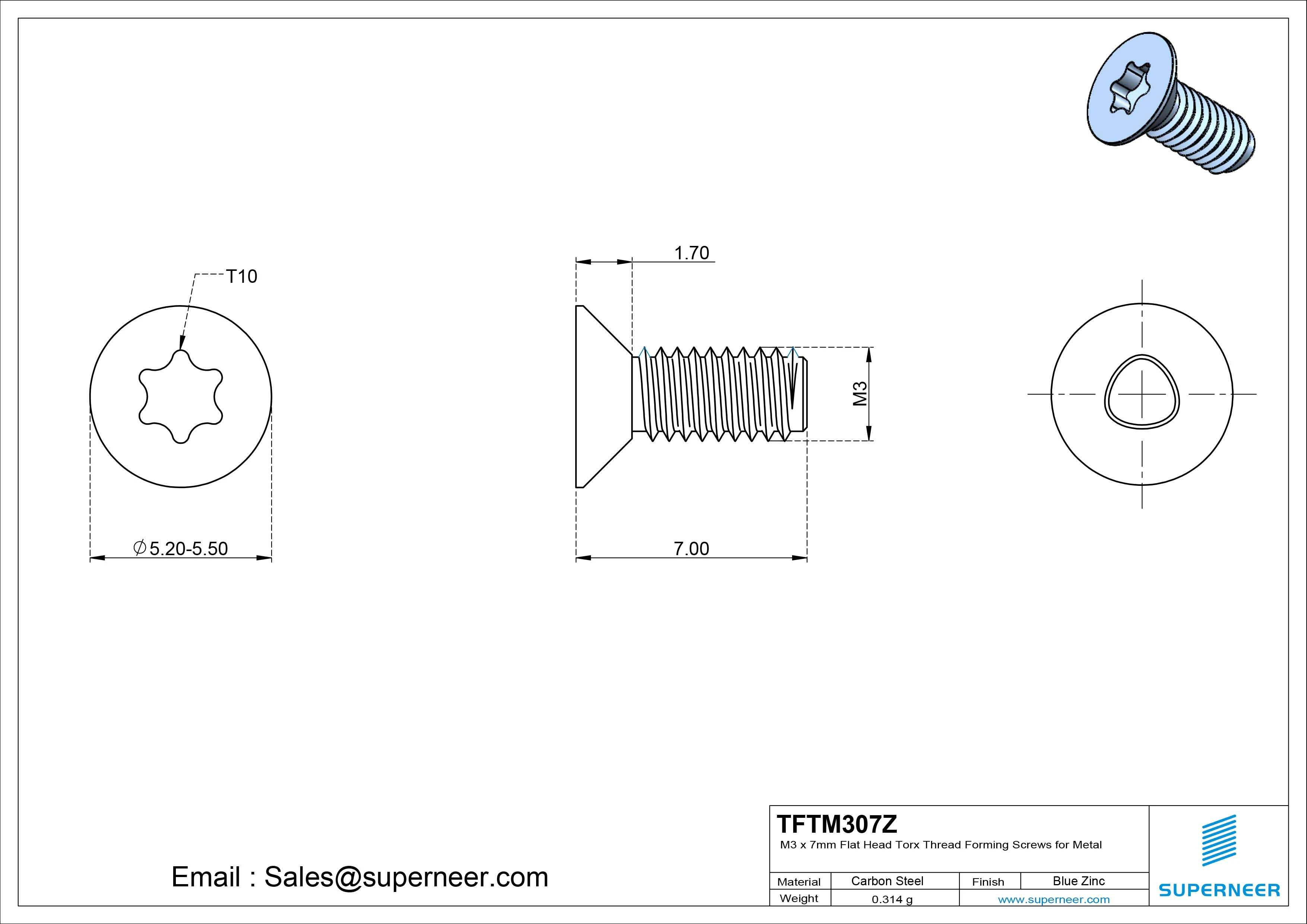 M3 × 7mm Flat Head Torx Thread Forming Screws for Metal Steel Blue Zinc Plated