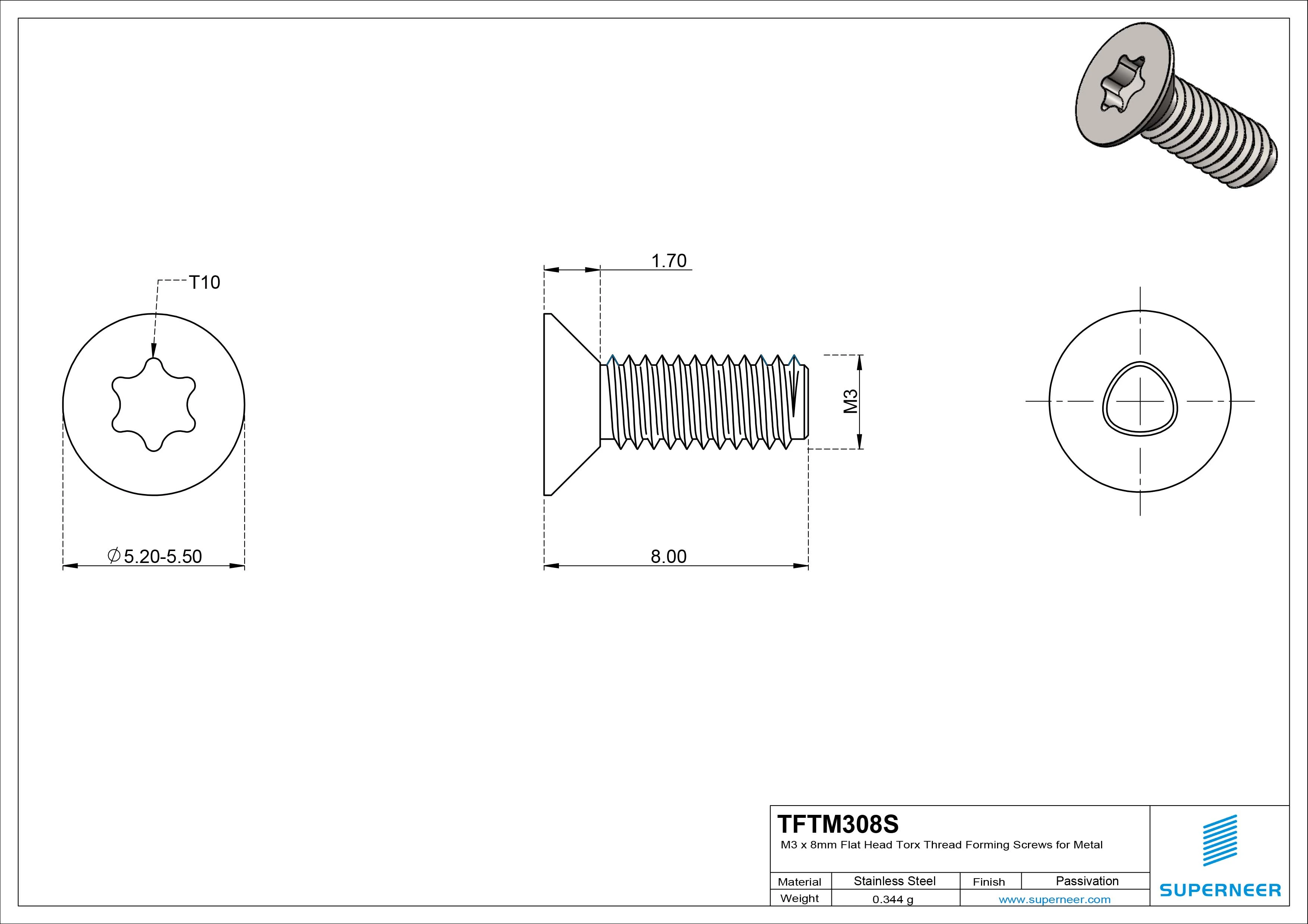 M3 × 8mm Flat Head Torx Thread Forming Screws for Metal SUS304 Stainless Steel Inox