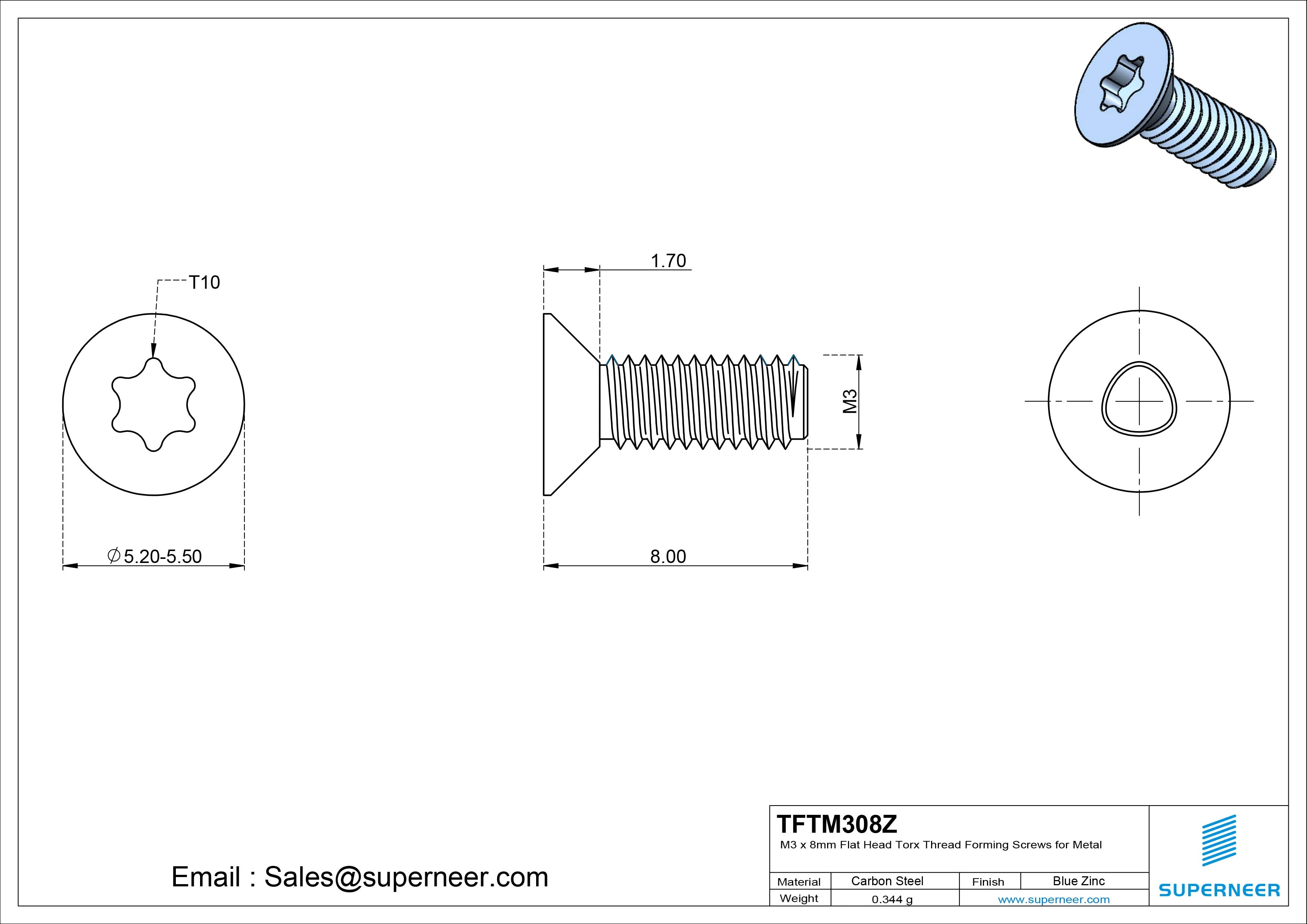 M3 × 8mm Flat Head Torx Thread Forming Screws for Metal Steel Blue Zinc Plated