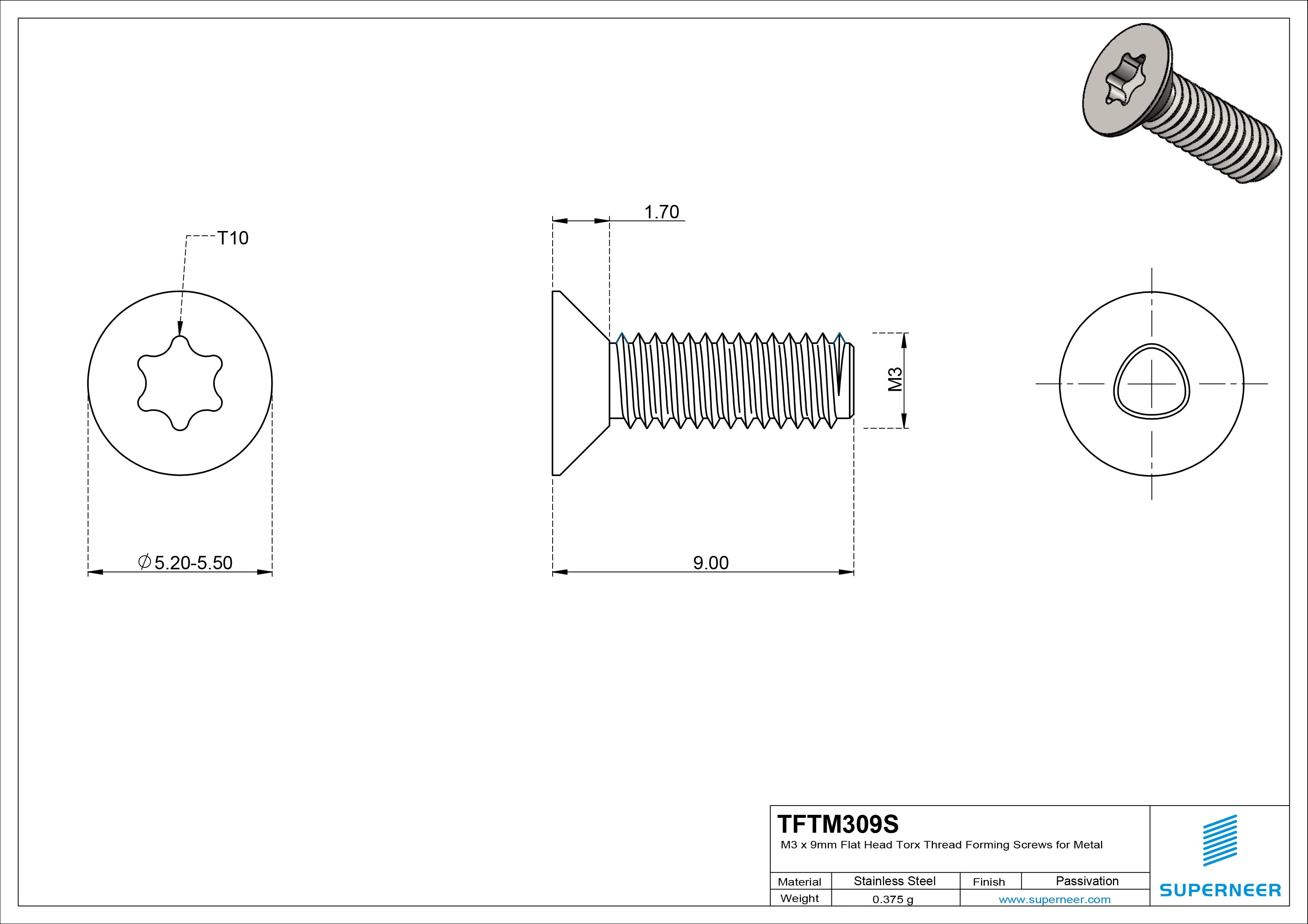 M3 × 9mm Flat Head Torx Thread Forming Screws for Metal SUS304 Stainless Steel Inox