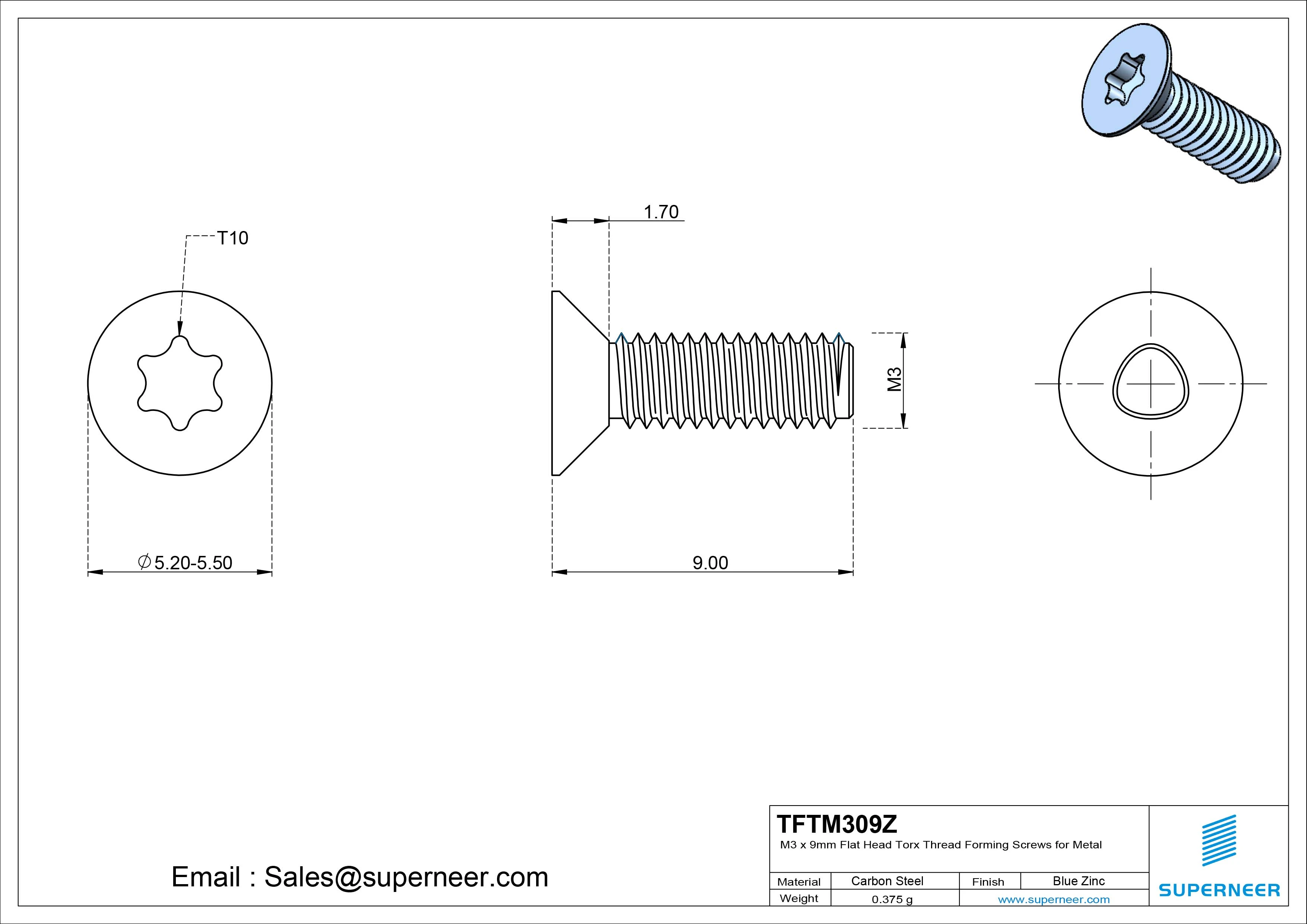 M3 × 9mm Flat Head Torx Thread Forming Screws for Metal Steel Blue Zinc Plated