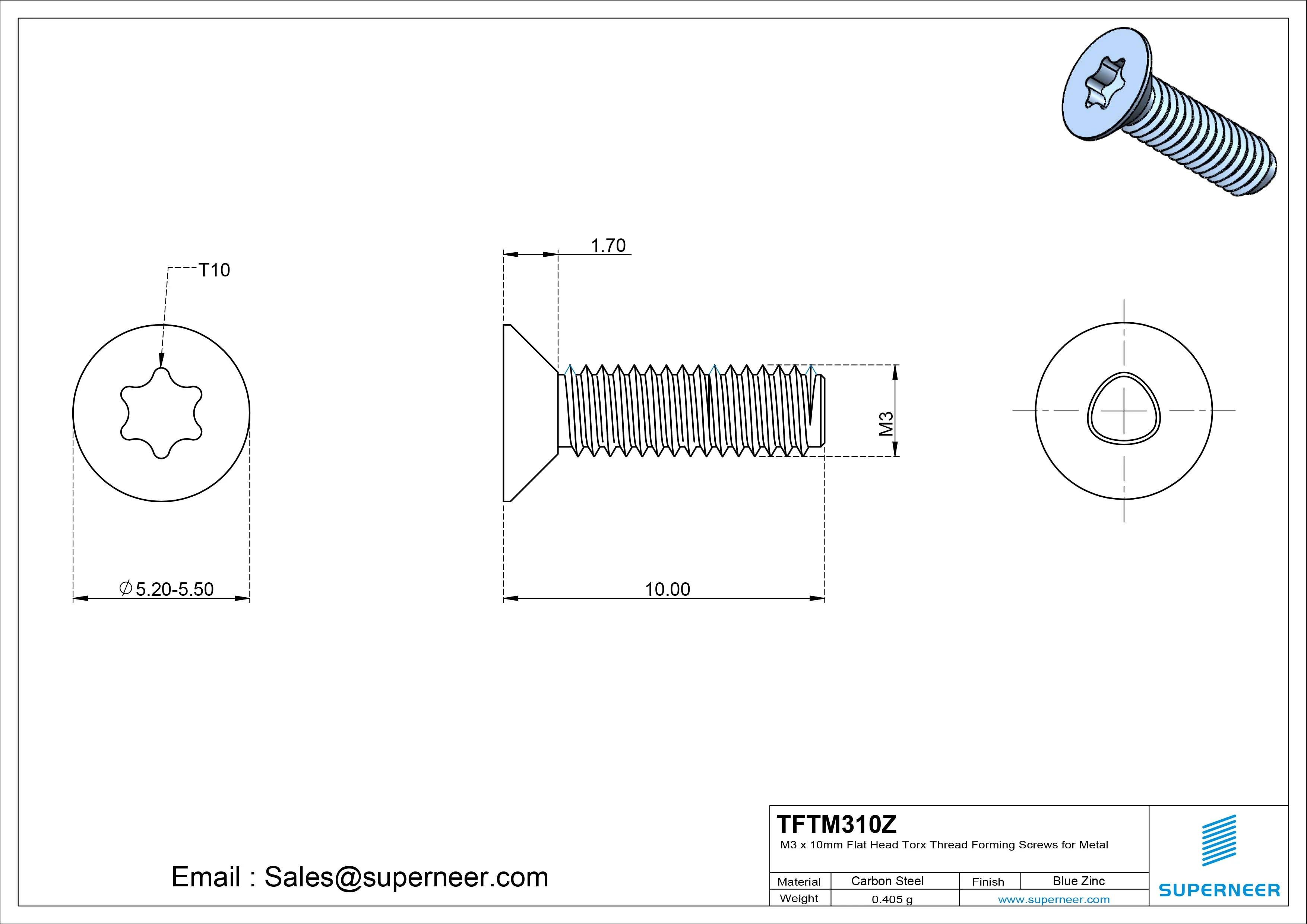 M3 × 10mm Flat Head Torx Thread Forming Screws for Metal Steel Blue Zinc Plated