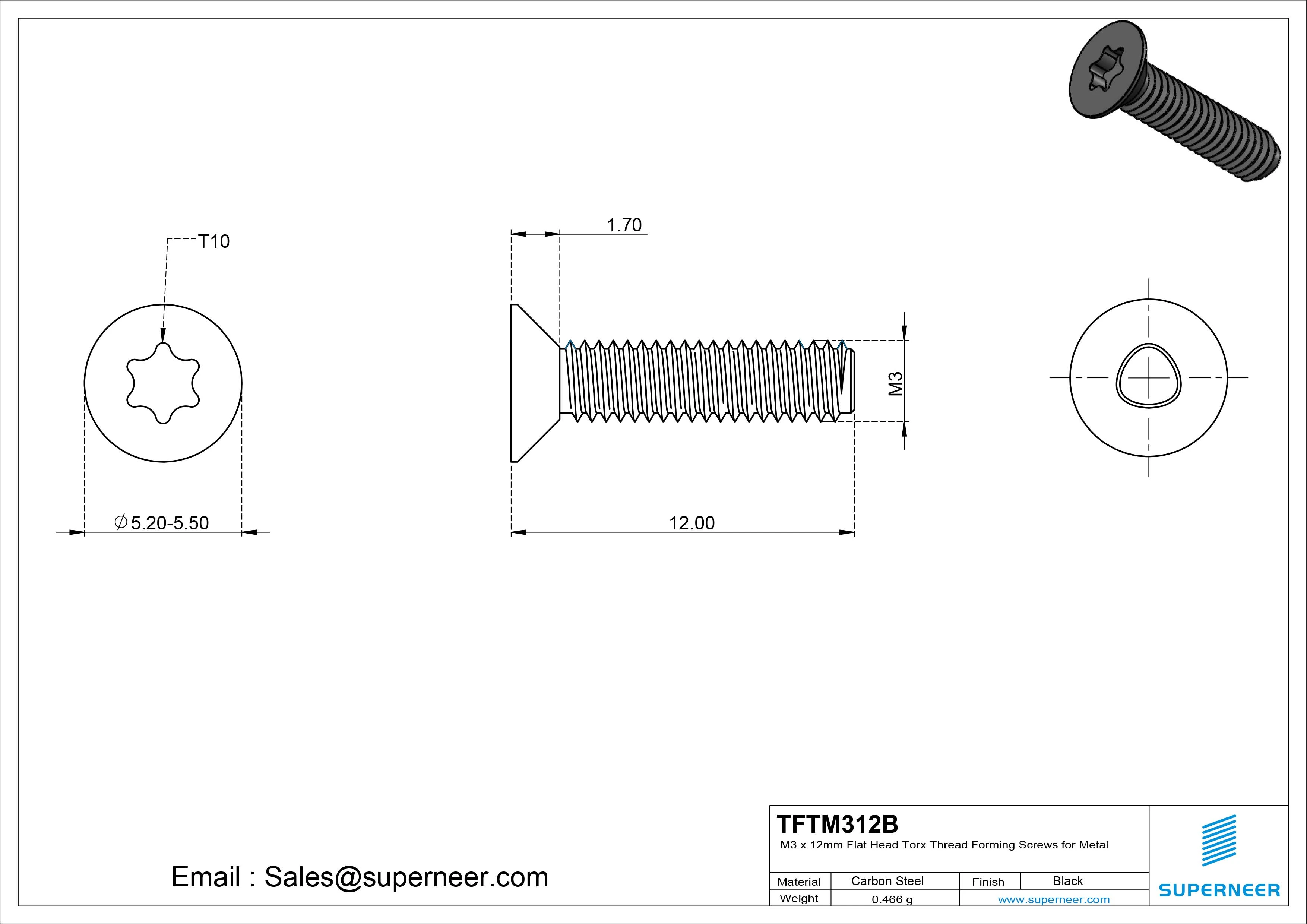 M3 × 12mm Flat Head Torx Thread Forming Screws for Metal Steel Black