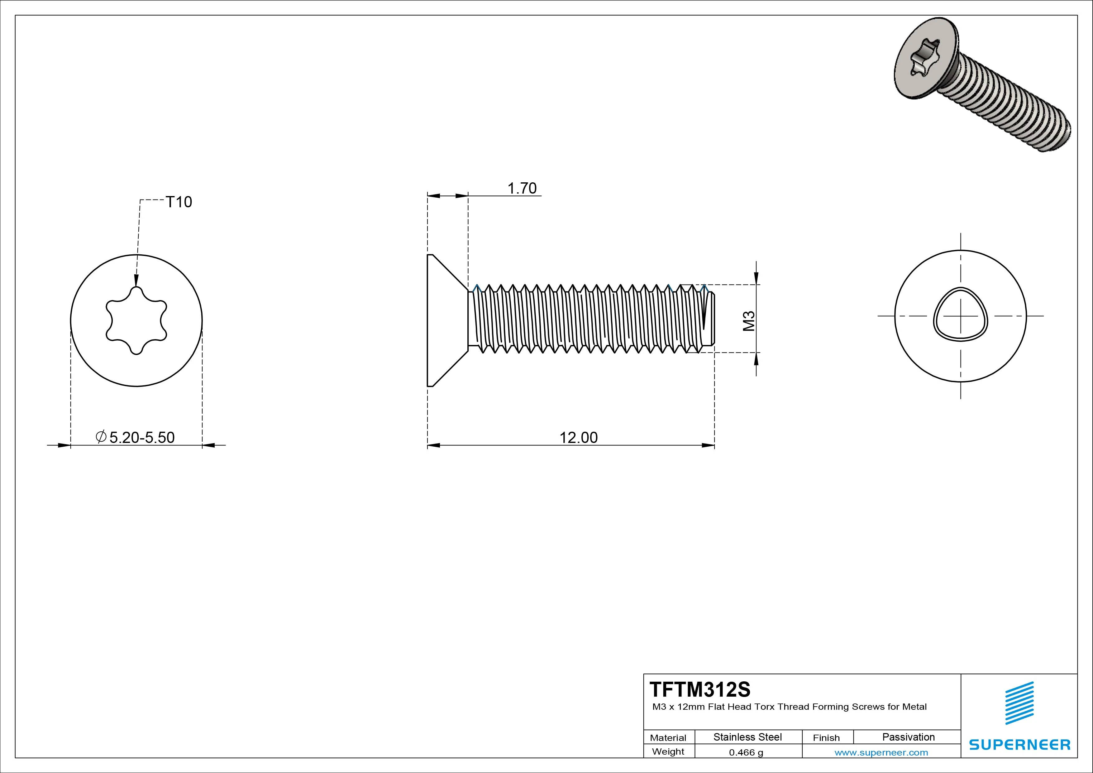 M3 × 12mm Flat Head Torx Thread Forming Screws for Metal SUS304 Stainless Steel Inox