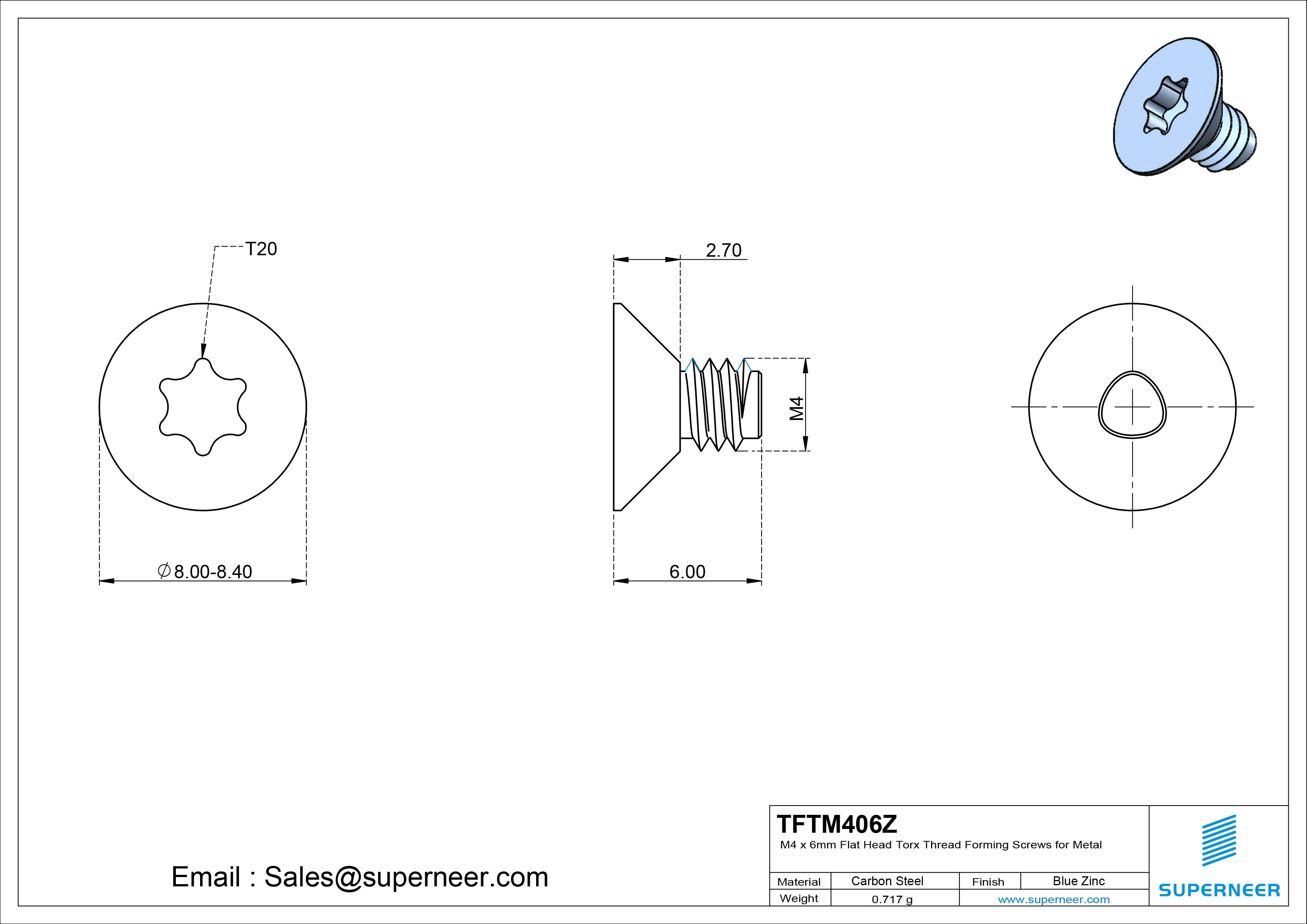 M4 × 6mm Flat Head Torx Thread Forming Screws for Metal Steel Blue Zinc Plated