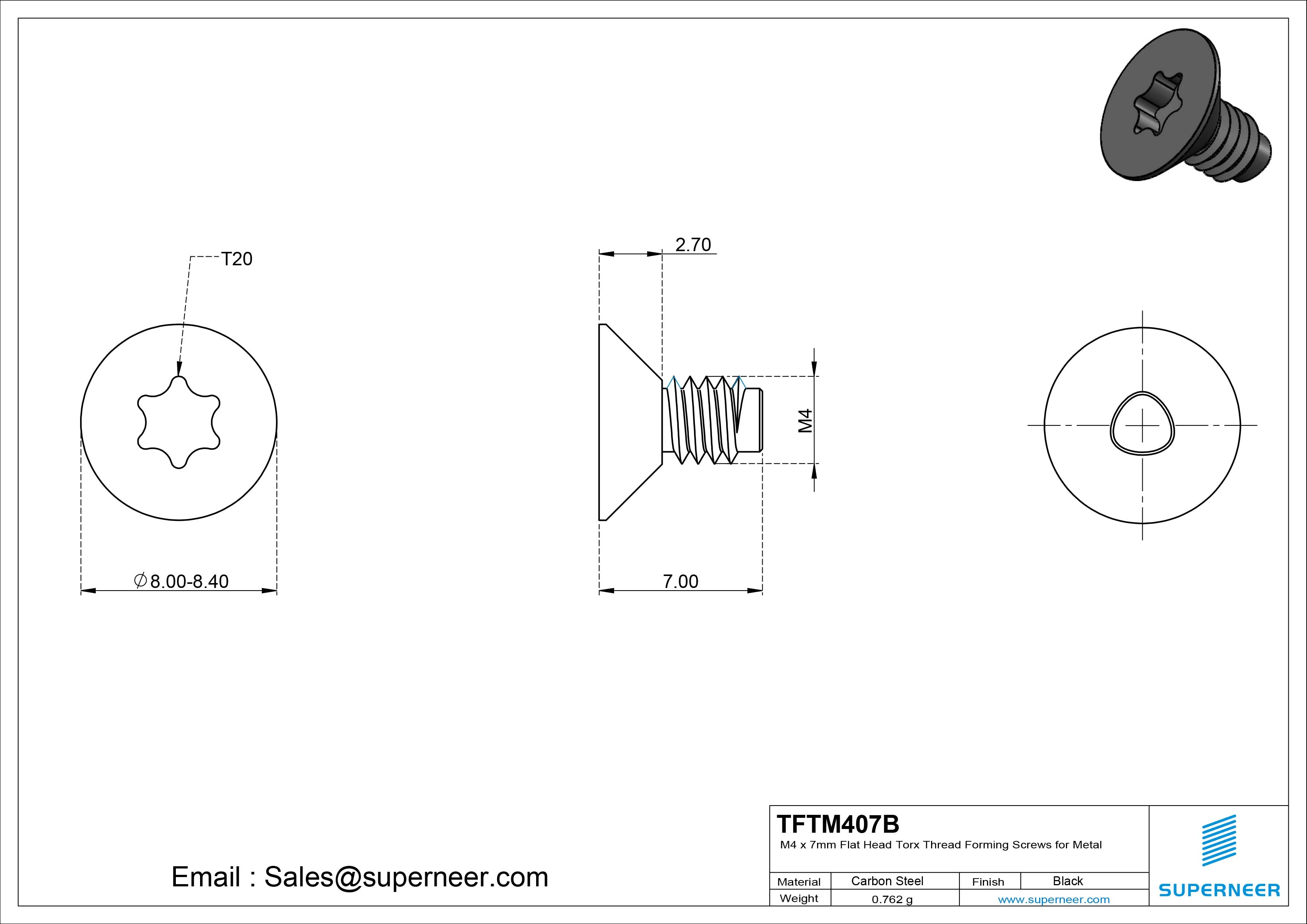 M4 × 7mm Flat Head Torx Thread Forming Screws for Metal Steel Black