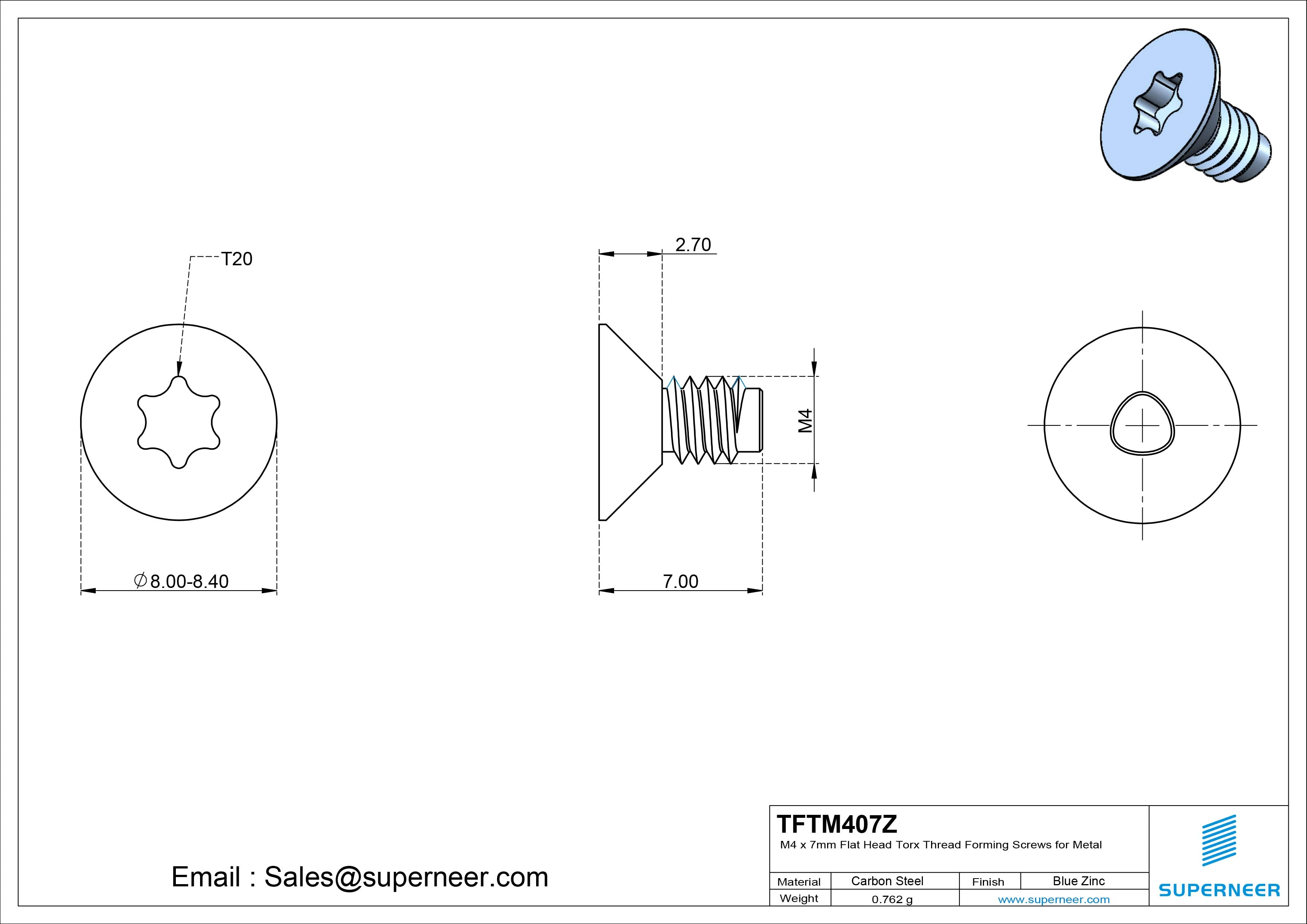 M4 × 7mm Flat Head Torx Thread Forming Screws for Metal Steel Blue Zinc Plated