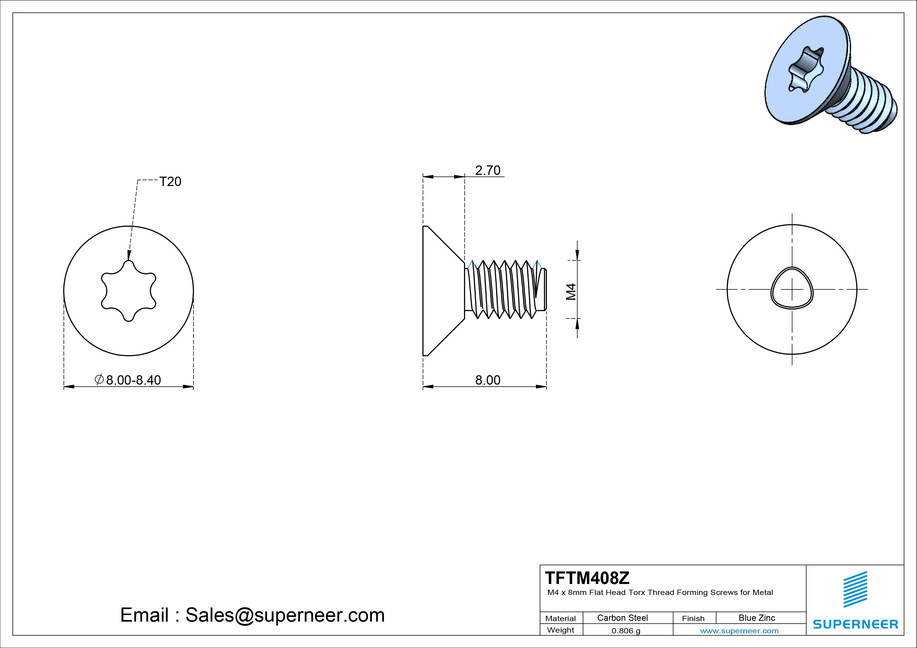 M4 × 8mm Flat Head Torx Thread Forming Screws for Metal Steel Blue Zinc Plated